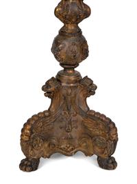 A Pair of Italian Baroque Style Giltwood Torchères with Frosted Glass Flame-Form Shades