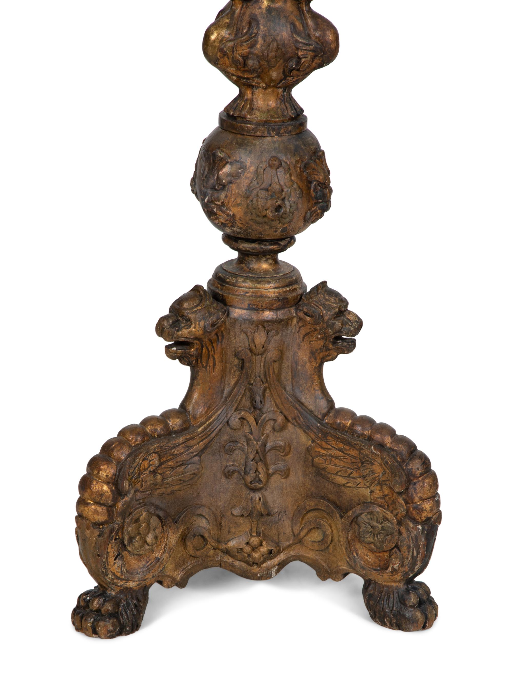 A Pair of Italian Baroque Style Giltwood Torchères with Frosted Glass Flame-Form Shades