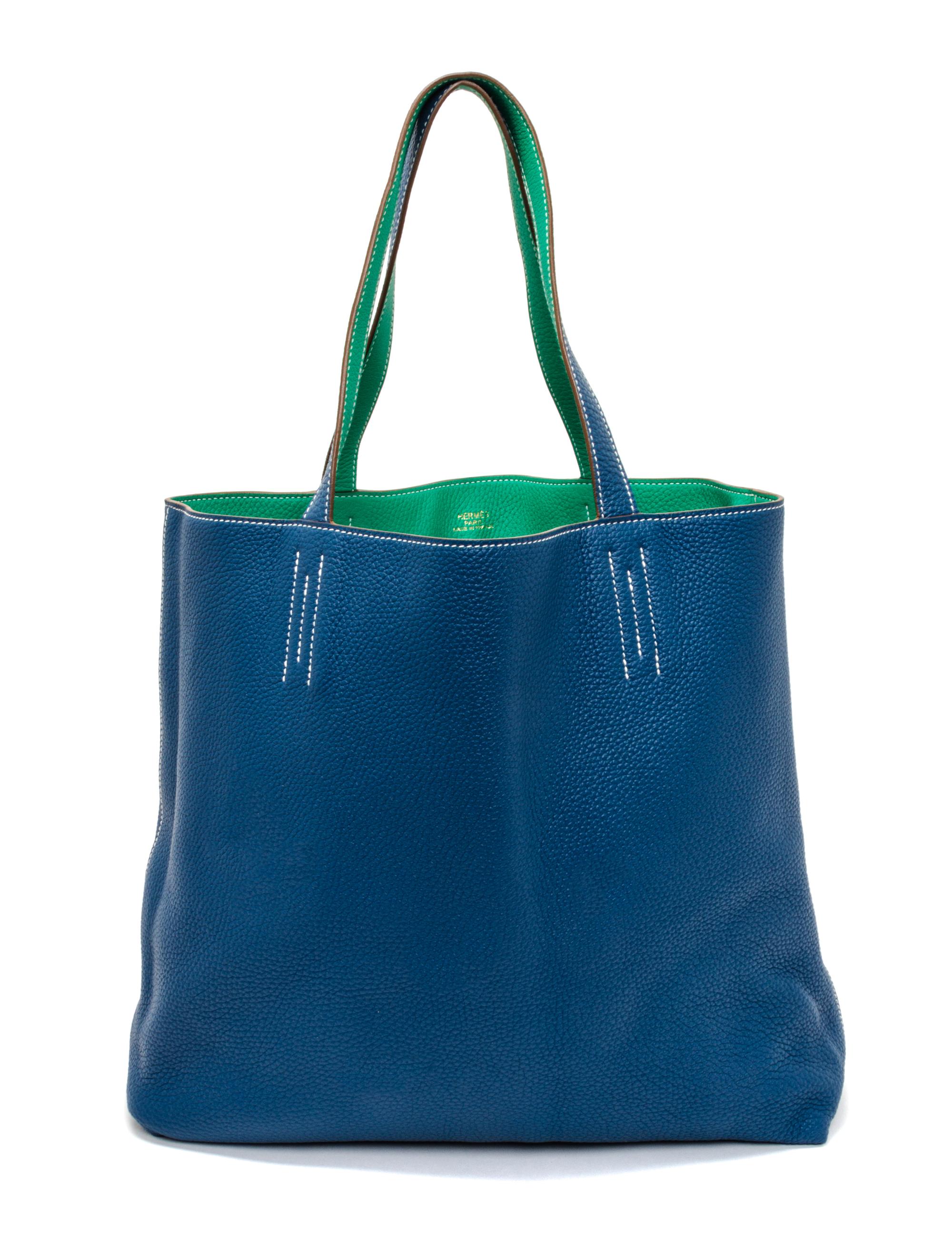 An Hermes Bleu Thalassa/Menthe 45cm Taurillon Clemence Double Sens Tote, 17.5" x 15.5" x 5".