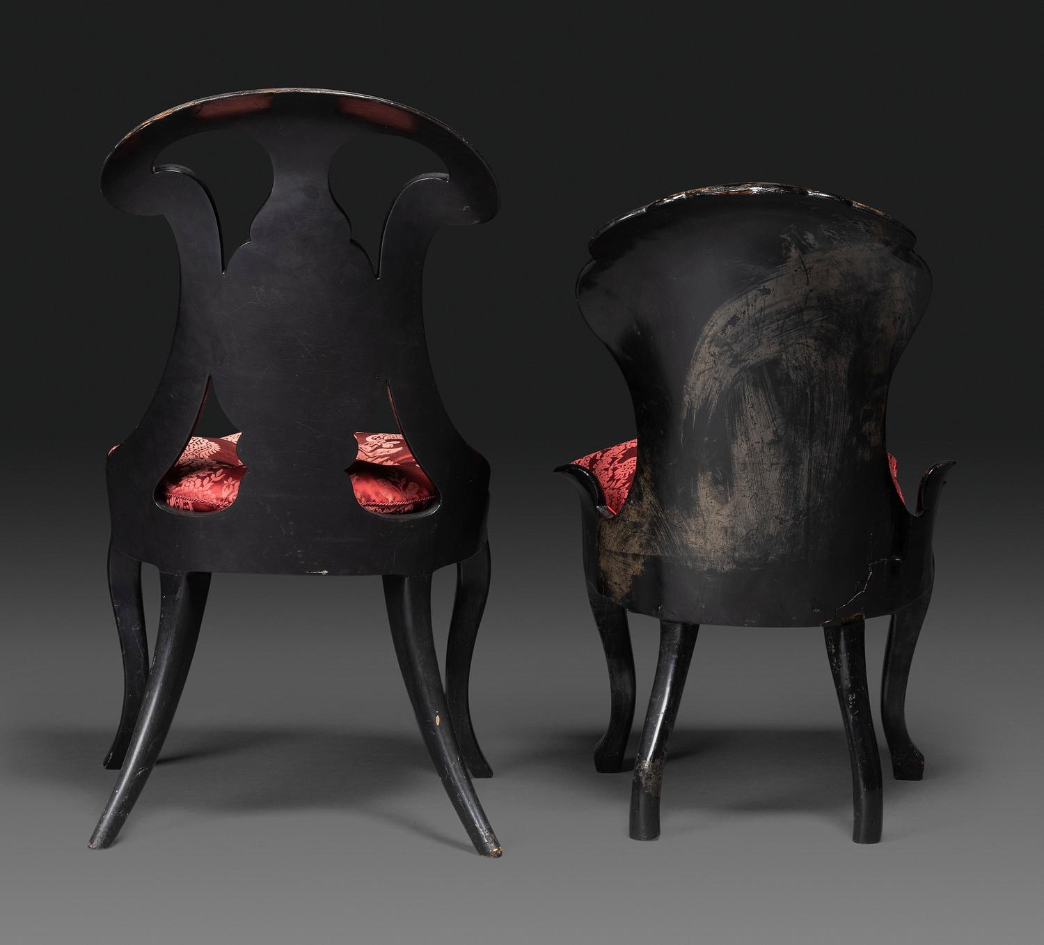 Two Victorian Black Lacquered Parcel-Gilt and Mother-of-Pearl Inlaid Cane Upholstered Slipper Chairs