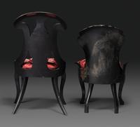 Two Victorian Black Lacquered Parcel-Gilt and Mother-of-Pearl Inlaid Cane Upholstered Slipper Chairs