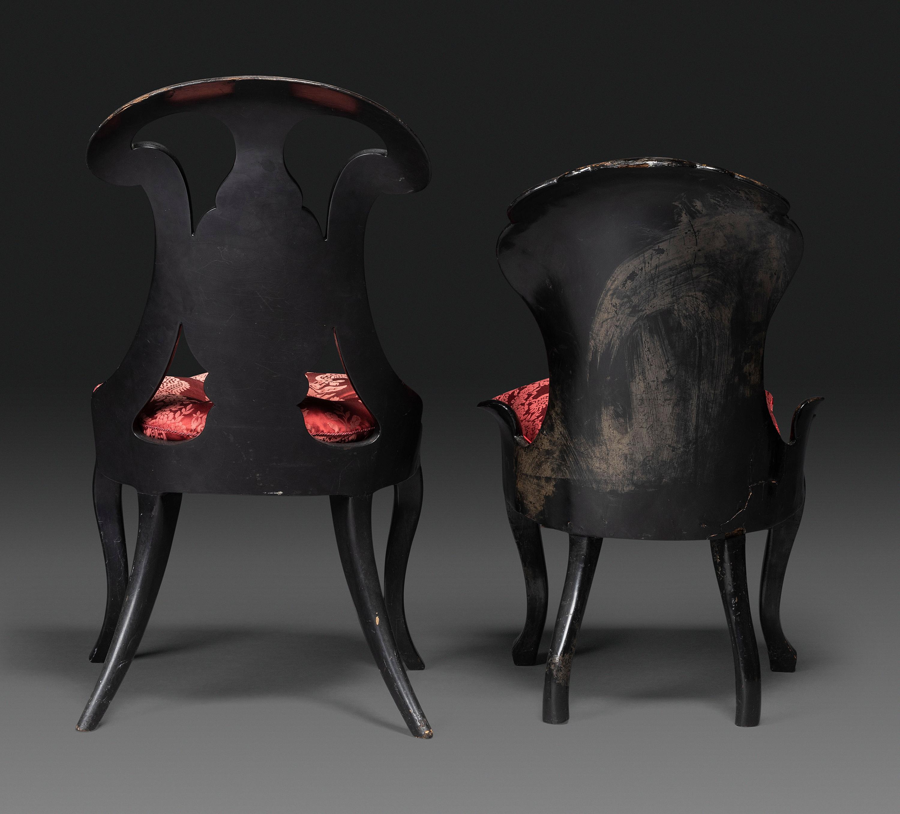 Two Victorian Black Lacquered Parcel-Gilt and Mother-of-Pearl Inlaid Cane Upholstered Slipper Chairs