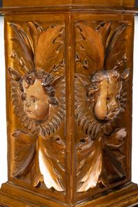 A Pair of Continental Faux Marble Painted and Gilt Pedestals with Putto Masks