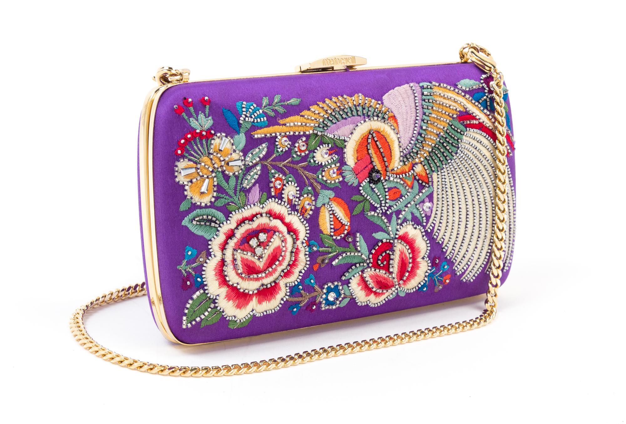 A Roberto Cavalli Purple Floral Embellished Halter Gown, Clutch: 7.5" x 4.75" x 1".