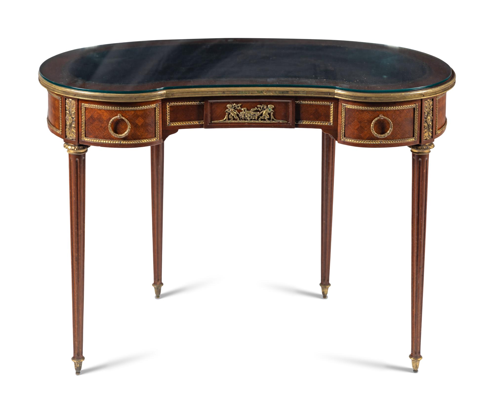 A Louis XVI Style Gilt Bronze Mounted Parquetry Writing Table