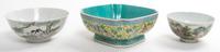 A Group of Three Famille Rose Porcelain Bowls Length 8 1/2 inches.