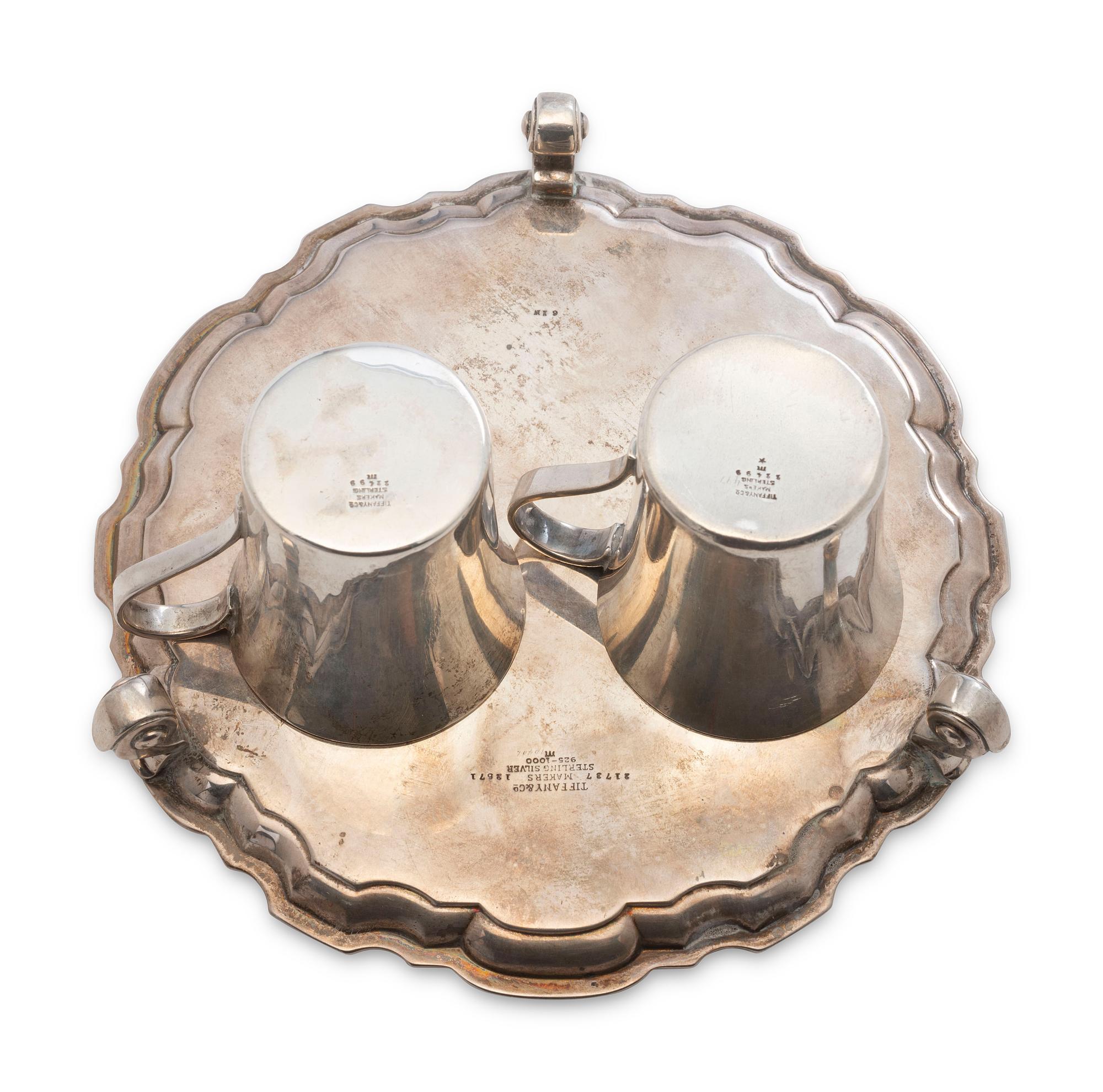A Tiffany and Co. Silver Waiter and Pair of Coffee Cups