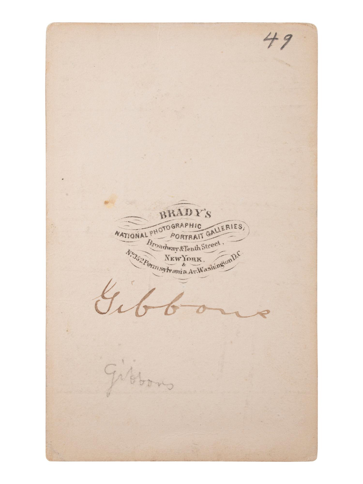 [CIVIL WAR - GETTYSBURG]. BRADY, Mathew (1822-1896), photographer. CDV of General John Gibbon, WIA Fredericksburg and Gettysburg. Washington, DC.