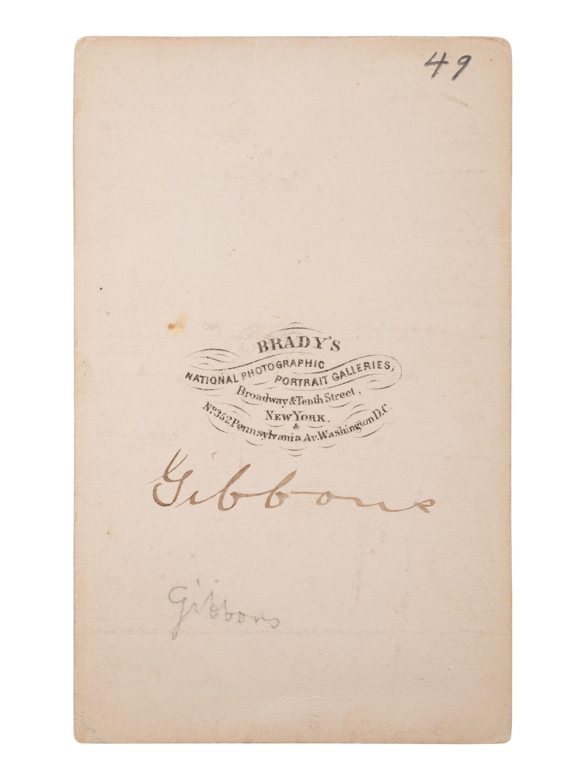 [CIVIL WAR - GETTYSBURG]. BRADY, Mathew (1822-1896), photographer. CDV of General John Gibbon, WIA Fredericksburg and Gettysburg. Washington, DC.