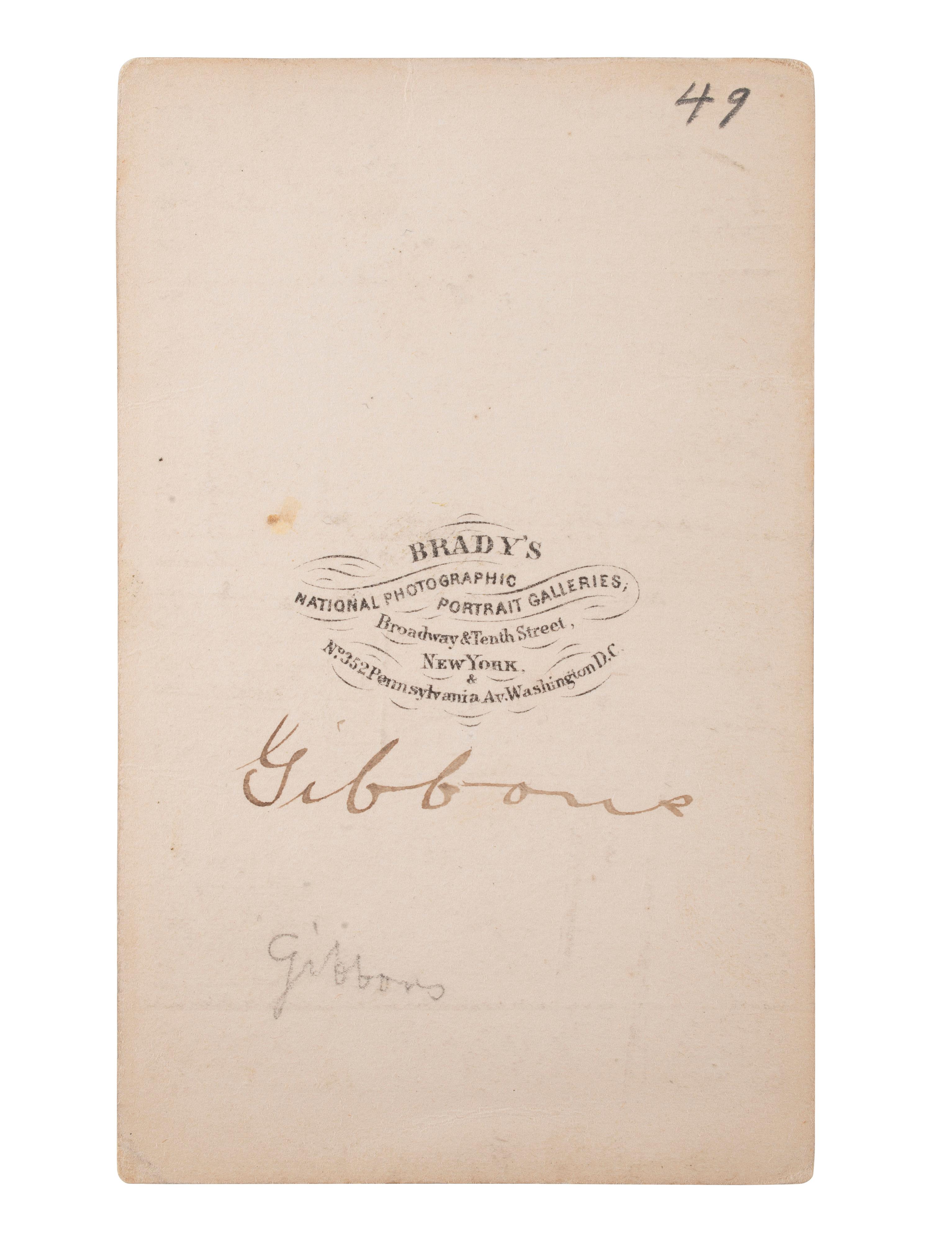 [CIVIL WAR - GETTYSBURG]. BRADY, Mathew (1822-1896), photographer. CDV of General John Gibbon, WIA Fredericksburg and Gettysburg. Washington, DC.