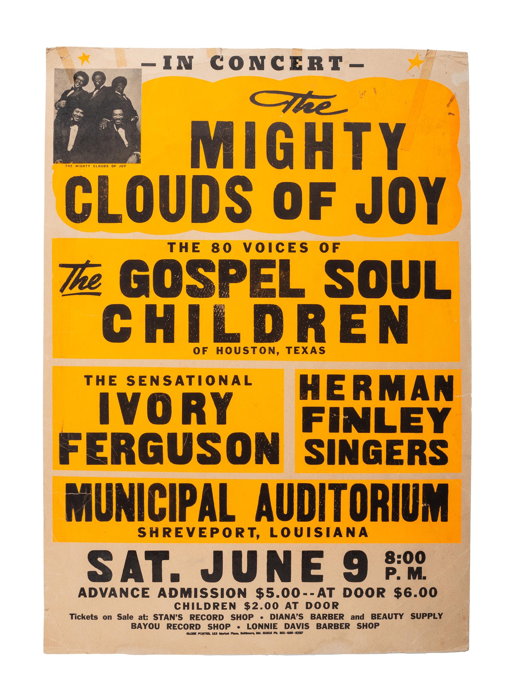 [MUSIC]. A group of 4 posters promoting gospel acts, incl. Soul Stirrers, Mighty Clouds of Joy, New Orleans Jazz & Heritage Festival and Dixie Hummingbirds.