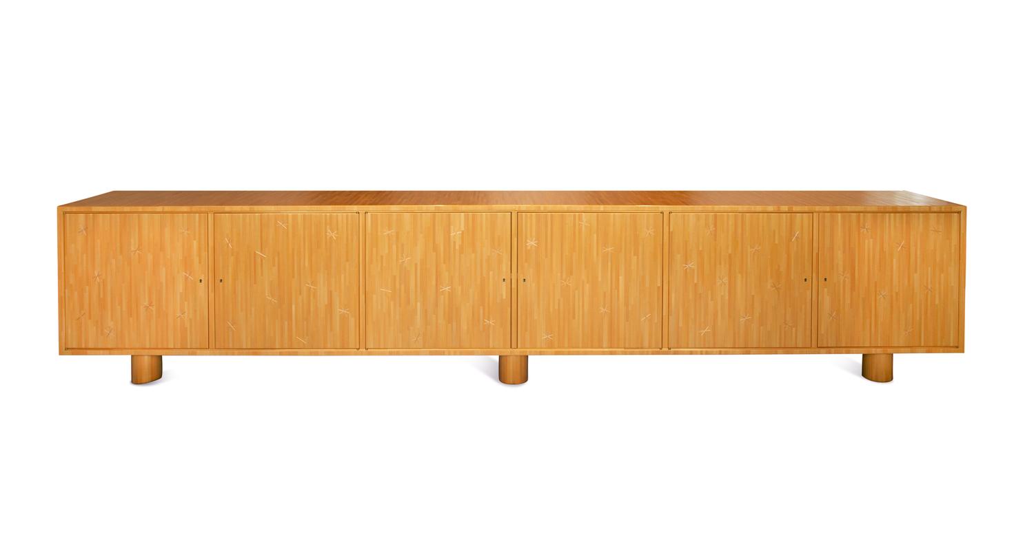A Linear Straw Marquetry Star Inlaid Etoile Sideboard Designed by Rémi Tessier After Jean Royère