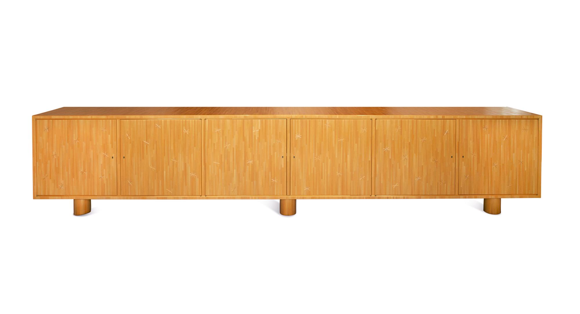 A Linear Straw Marquetry Star Inlaid Etoile Sideboard Designed by Rémi Tessier After Jean Royère