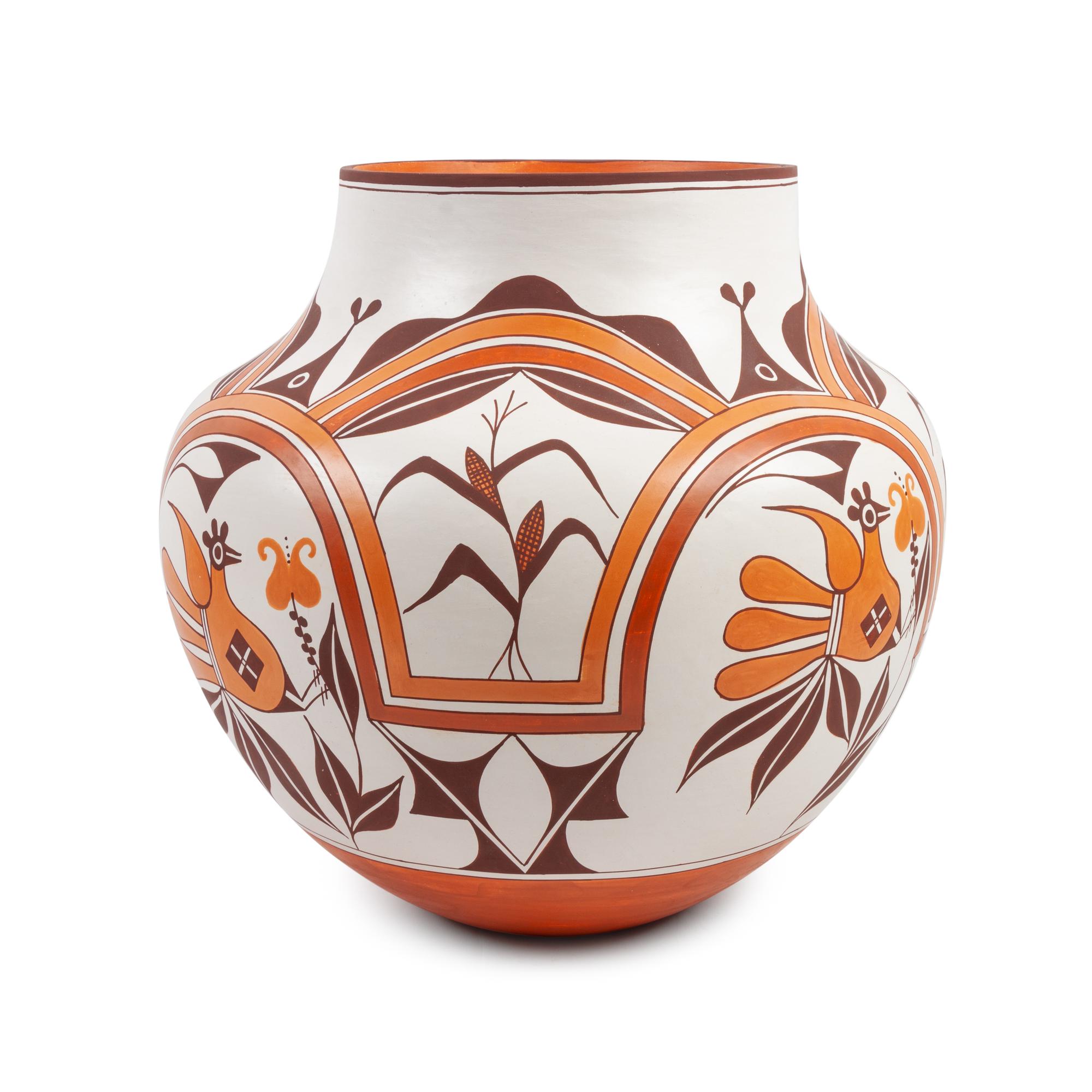 Four Color Polychrome Pottery Jar, with Parrots and Corn Stalks