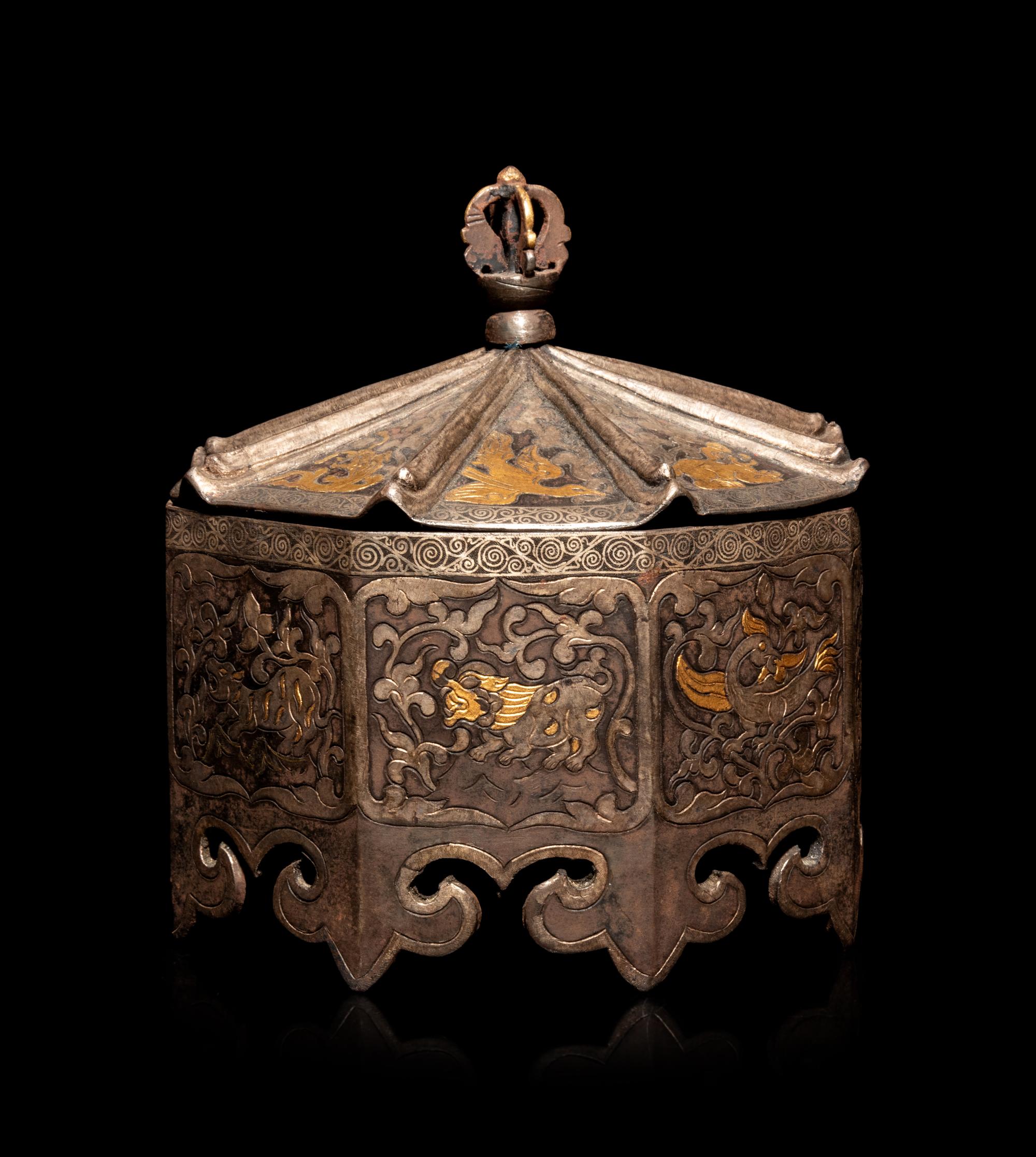 A Tibetan Gilt Decorated Metal Covered Box