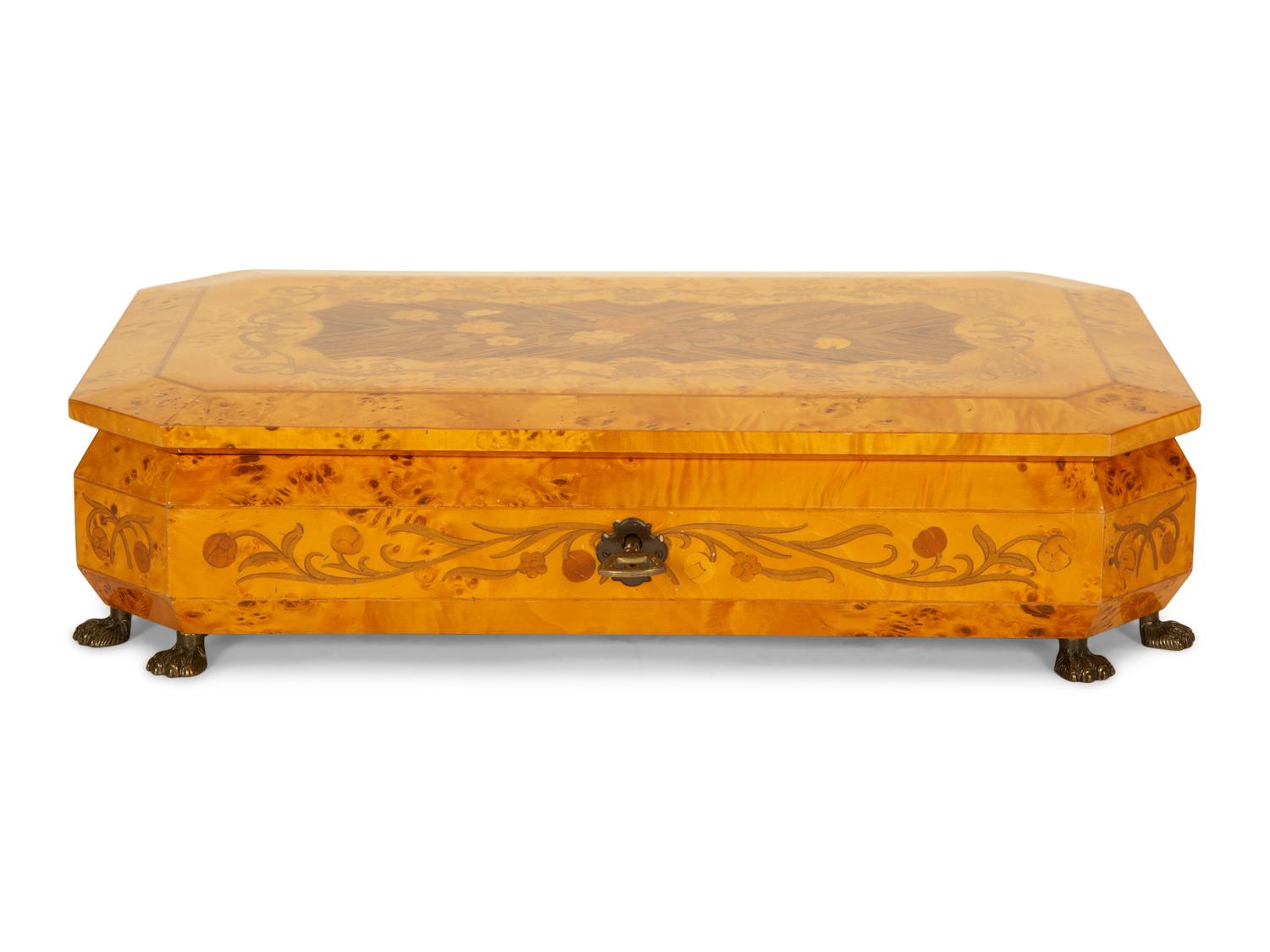 An Italian Burlwood and Marquetry Musical Jewelry Box
