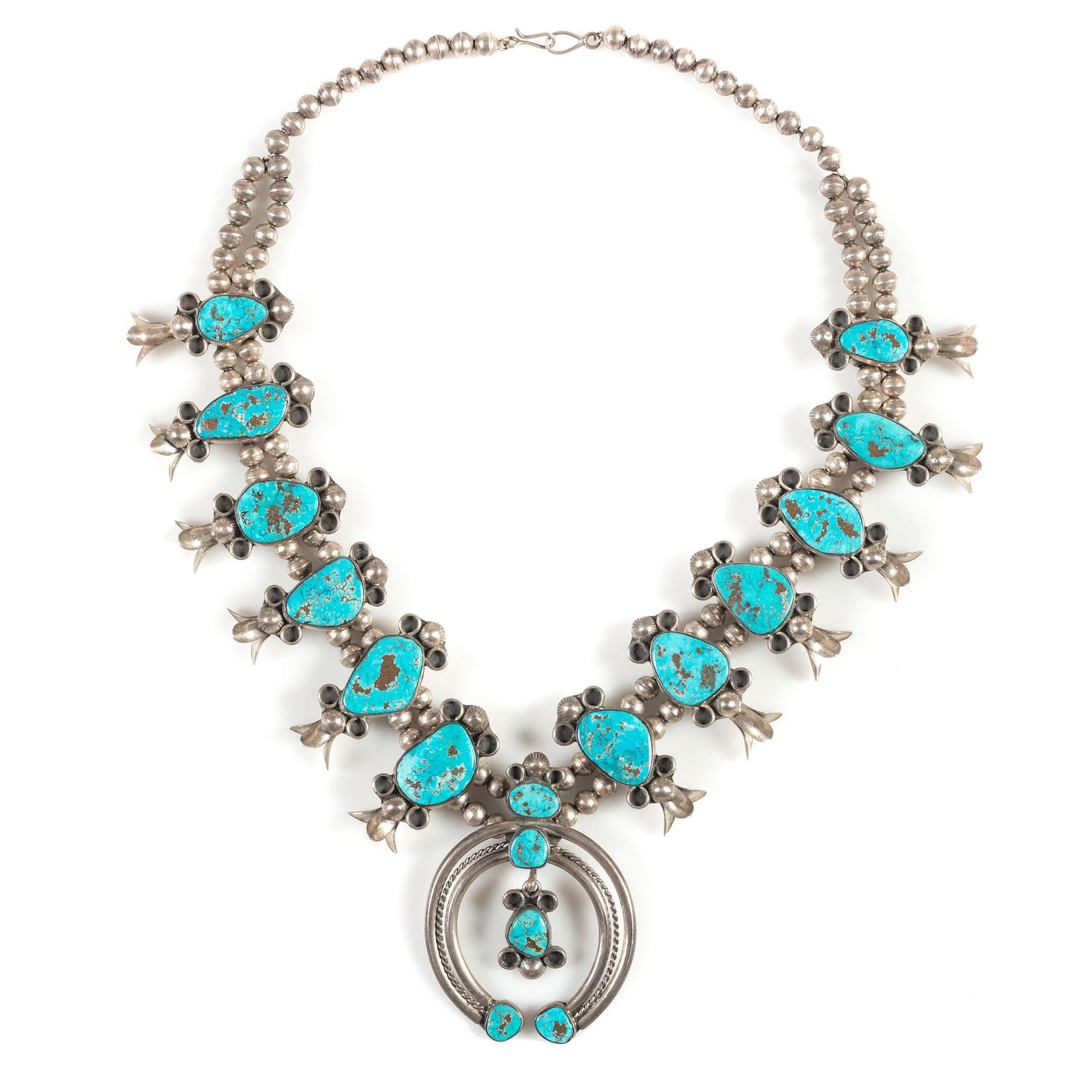 Navajo Silver and Turquoise Squash Blossom Necklace