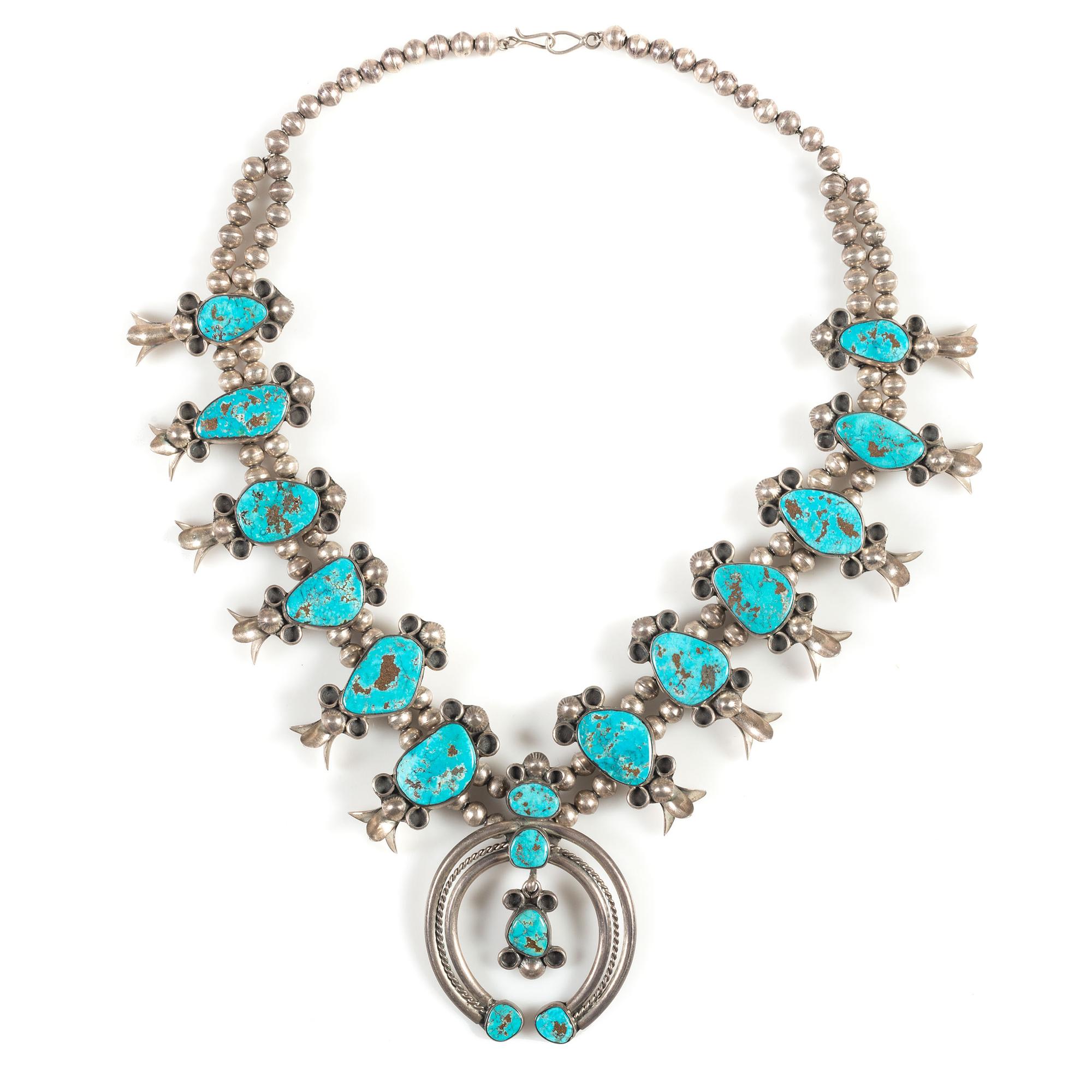 Navajo Silver and Turquoise Squash Blossom Necklace