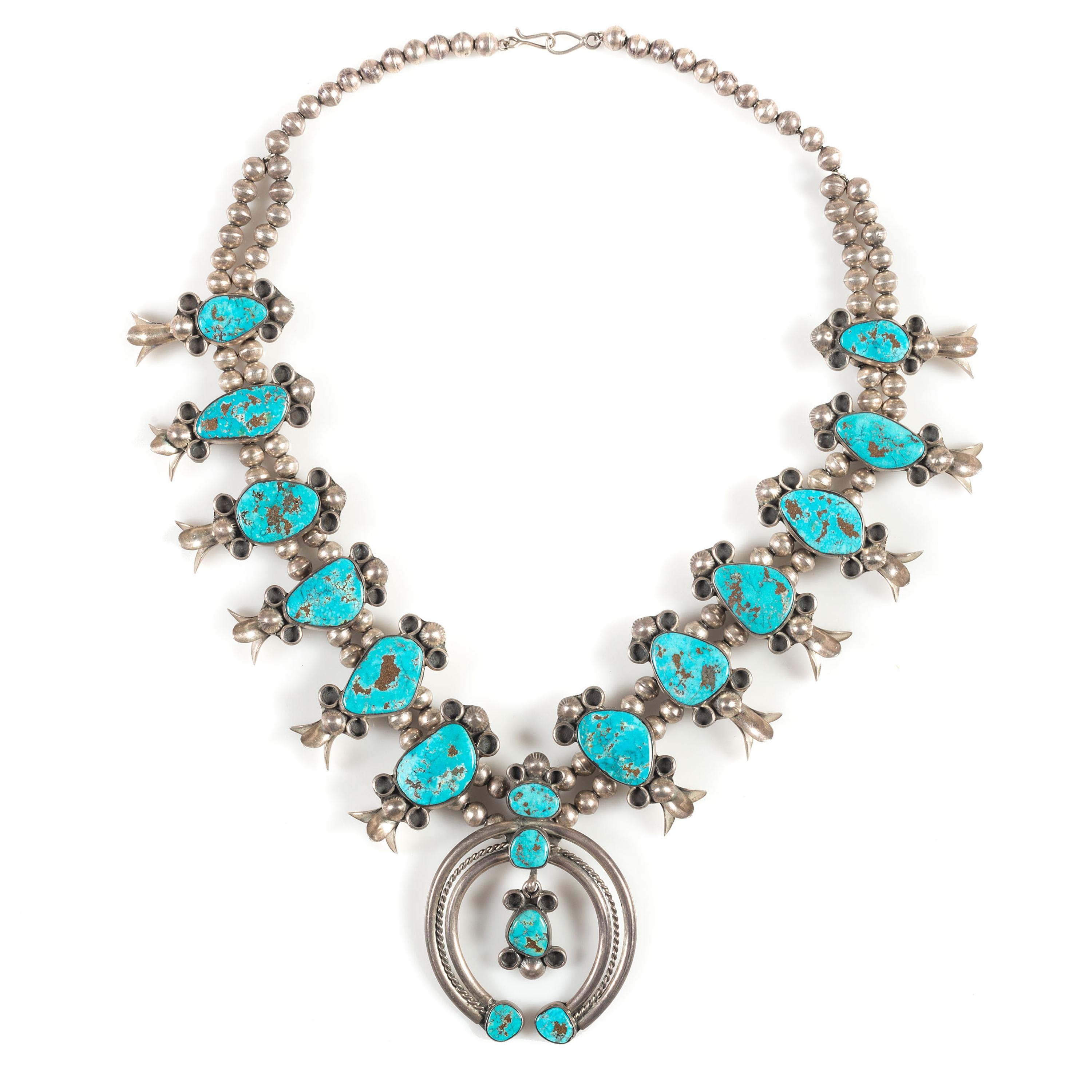 Navajo Silver and Turquoise Squash Blossom Necklace
