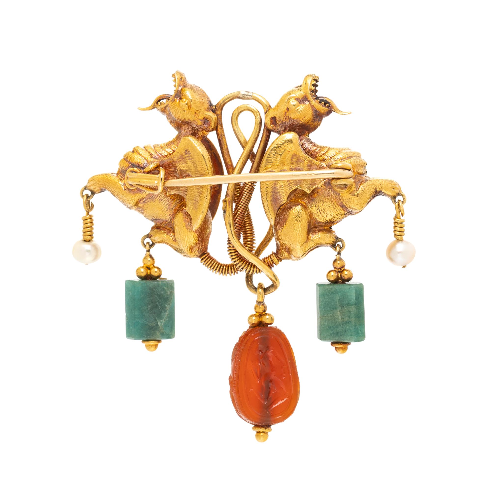 ANTIQUE, YELLOW GOLD AND MULTIGEM GRIFFIN BROOCH