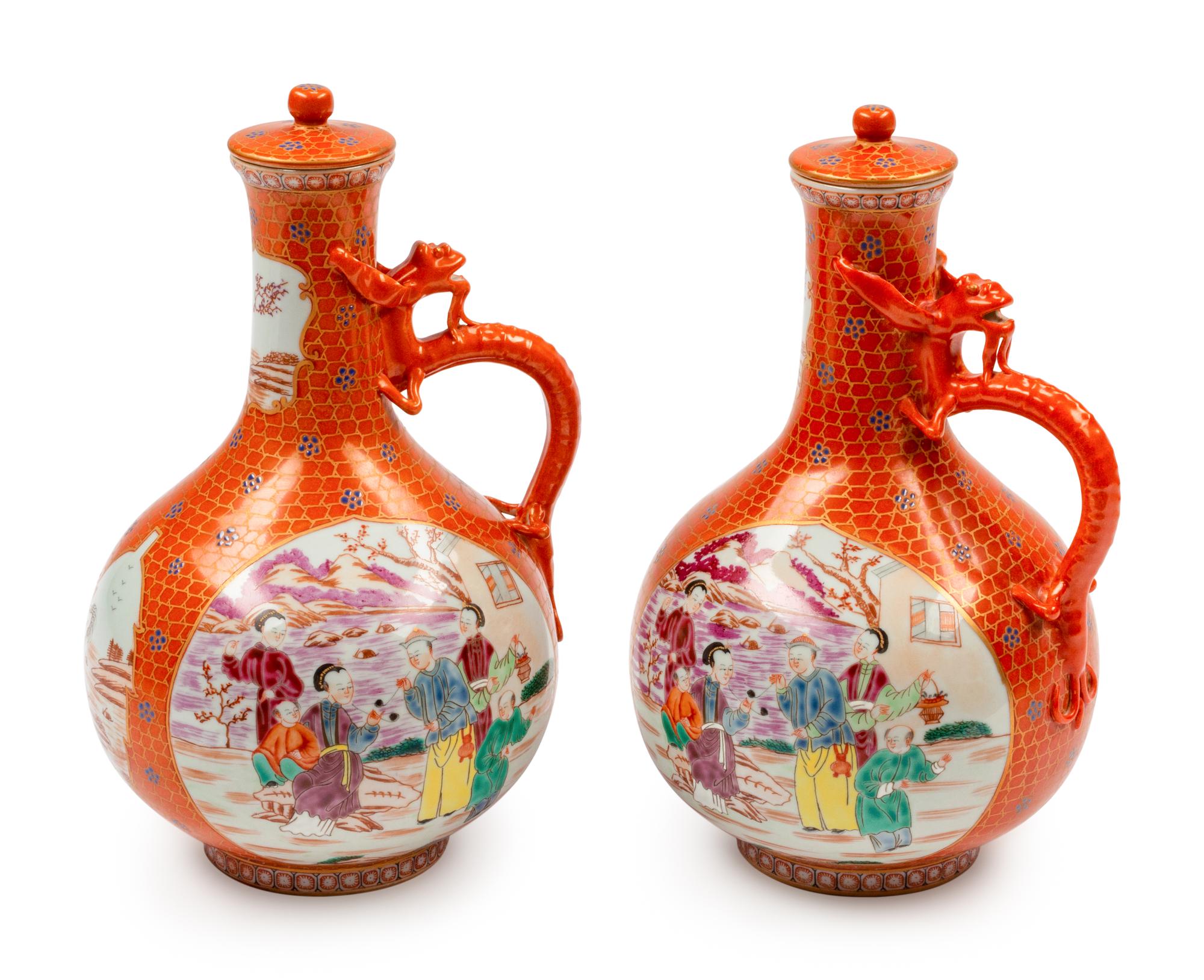 A Pair of Chinese Export Porcelain 'Dragon Motif' Water Pots and Covers