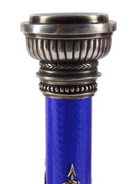 A Pair of Silver, Guilloché Enamel and Gemstone Mounted Candlesticks