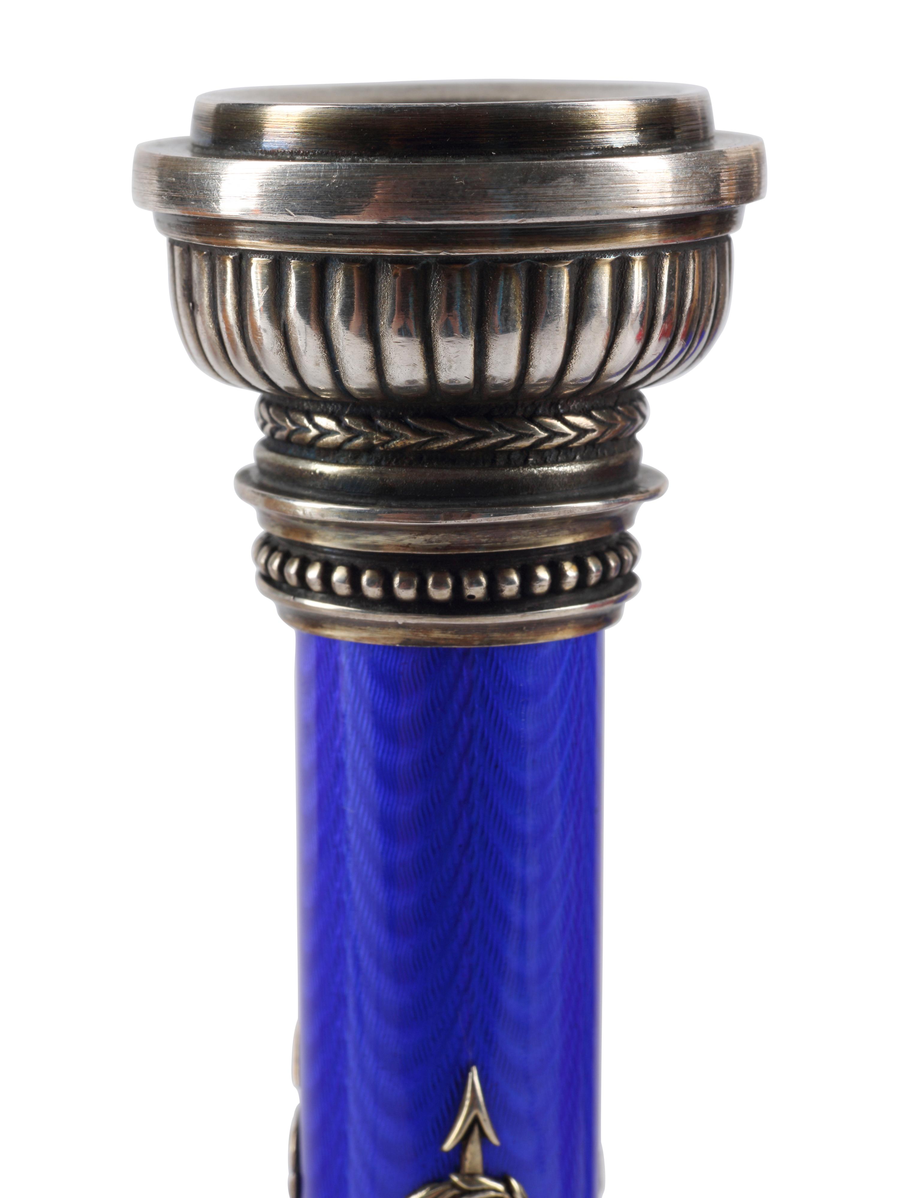 A Pair of Silver, Guilloché Enamel and Gemstone Mounted Candlesticks