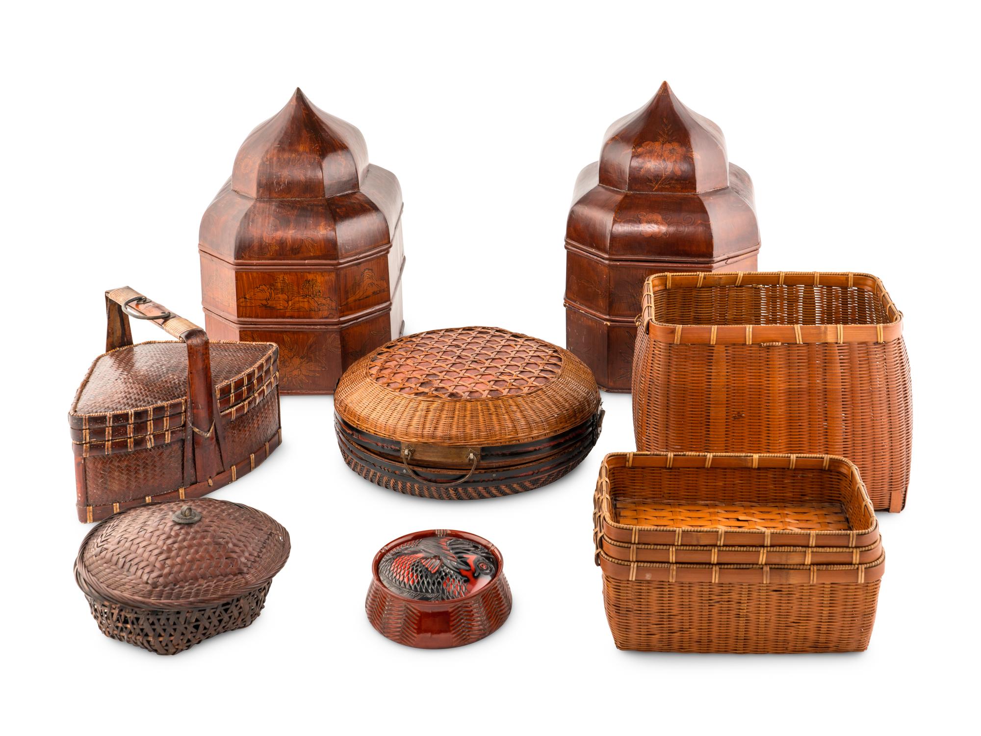 A Collection of Ten Lacquered and Woven Baskets