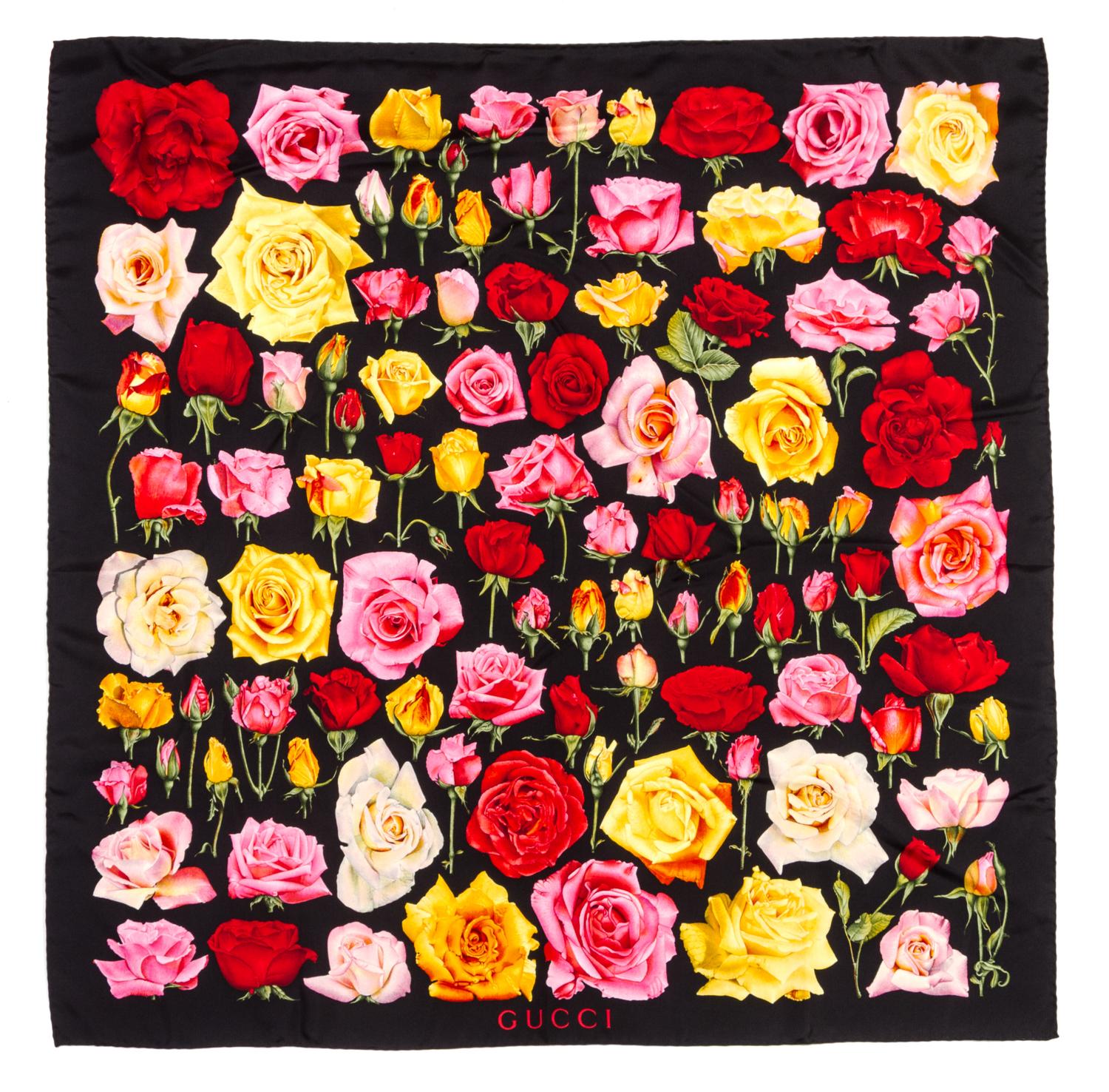 A Gucci Black Silk Scarf, 35 x 35 inches.