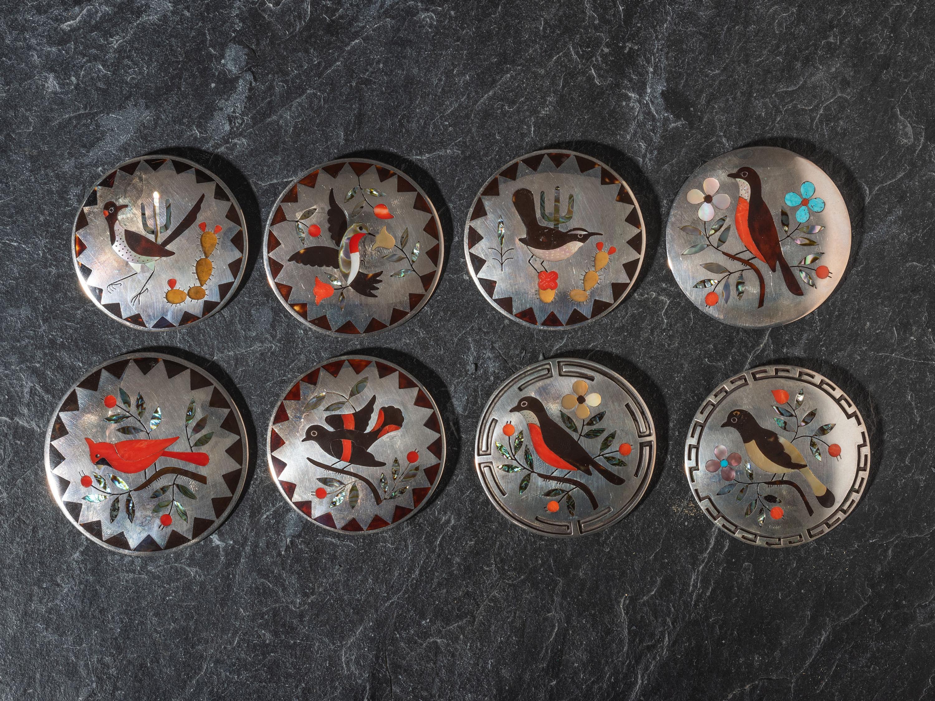 Group of Mosaic Inlay Bird Pins