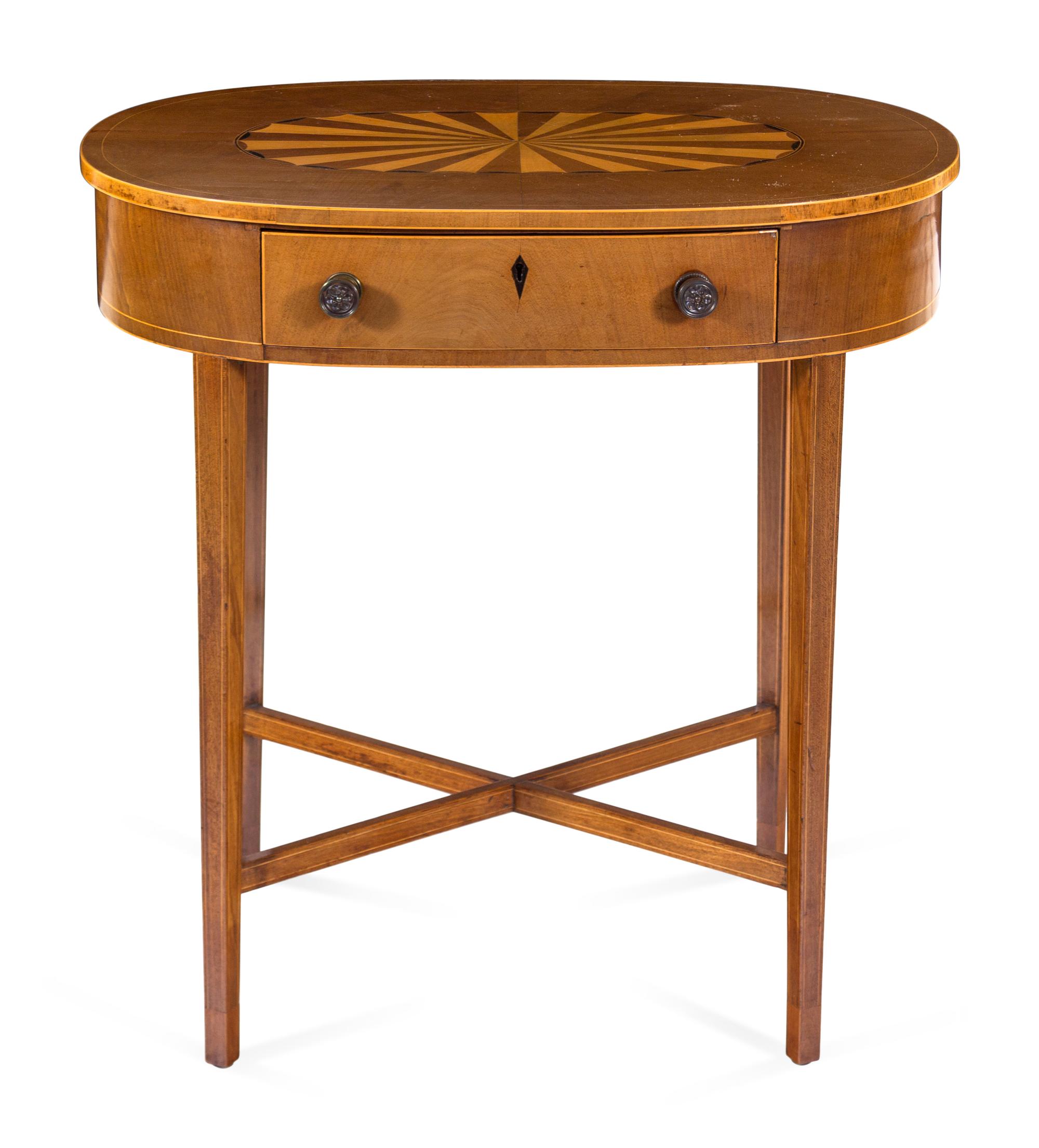 A George III Style Mahogany, Satinwood and Marquetry Work Table