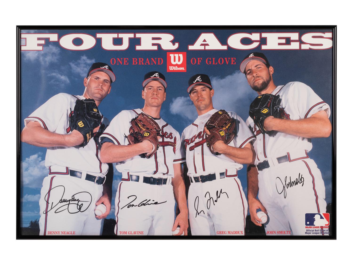 An Atlanta Braves Four Aces Wilson Sporting Goods Signed Autograph Poster Featuring Tom Glavine, Greg Maddux, John Smoltz and Denny Neagle (Beckett Authentication Services Letter),