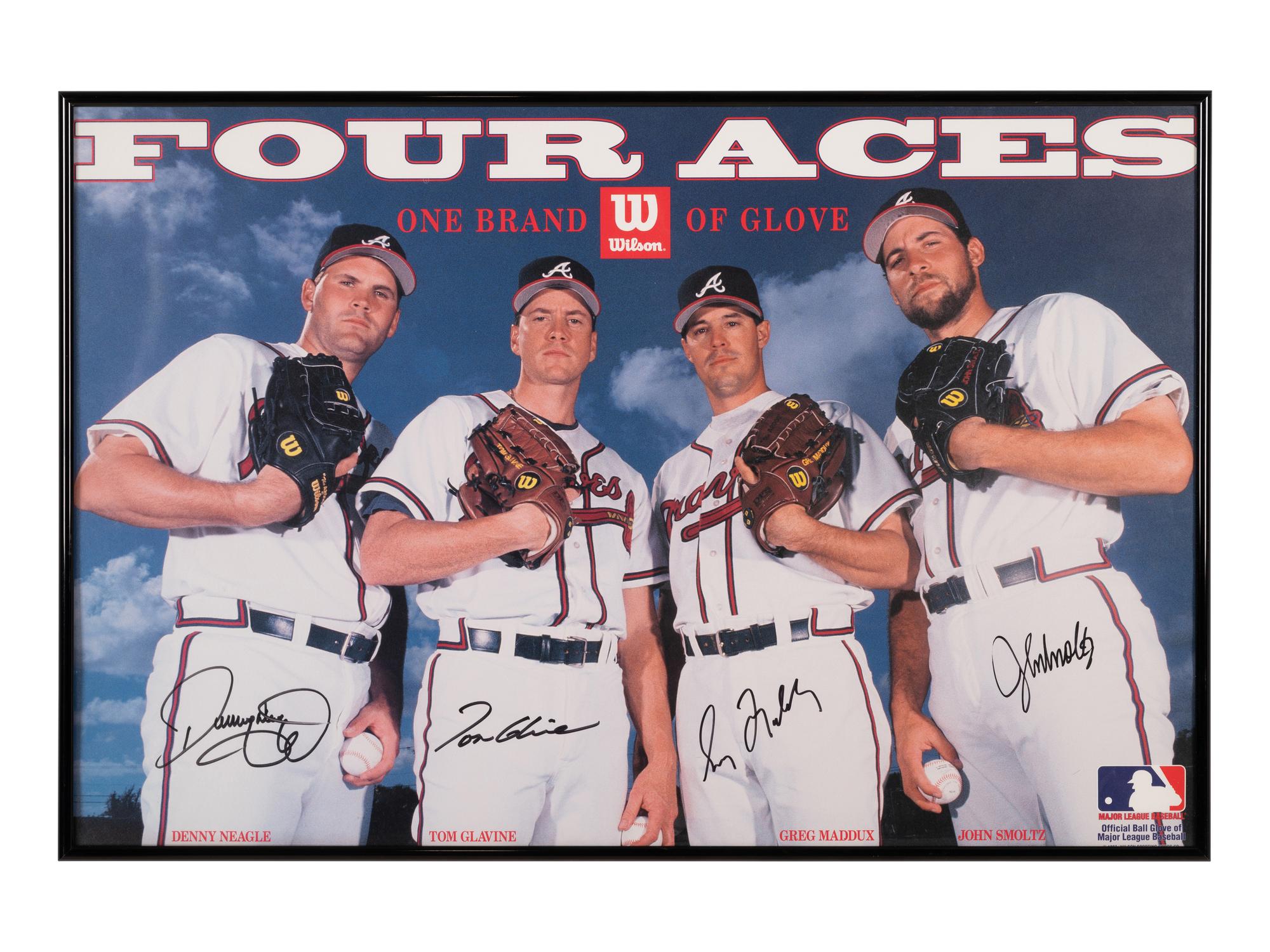 An Atlanta Braves Four Aces Wilson Sporting Goods Signed Autograph Poster Featuring Tom Glavine, Greg Maddux, John Smoltz and Denny Neagle (Beckett Authentication Services Letter),