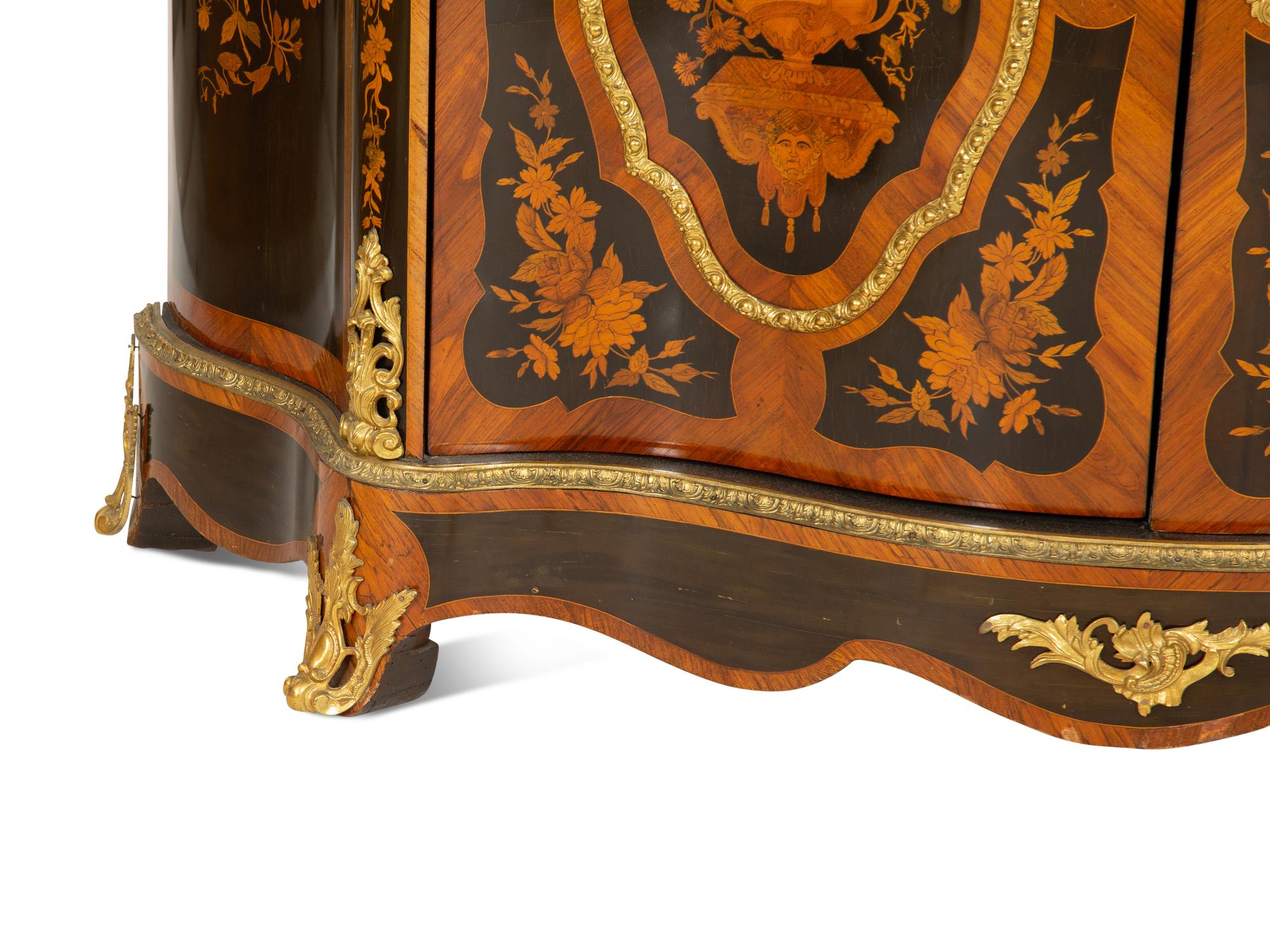 A Napoleon III Gilt Bronze Mounted Marquetry Marble-Top Serpentine Cabinet