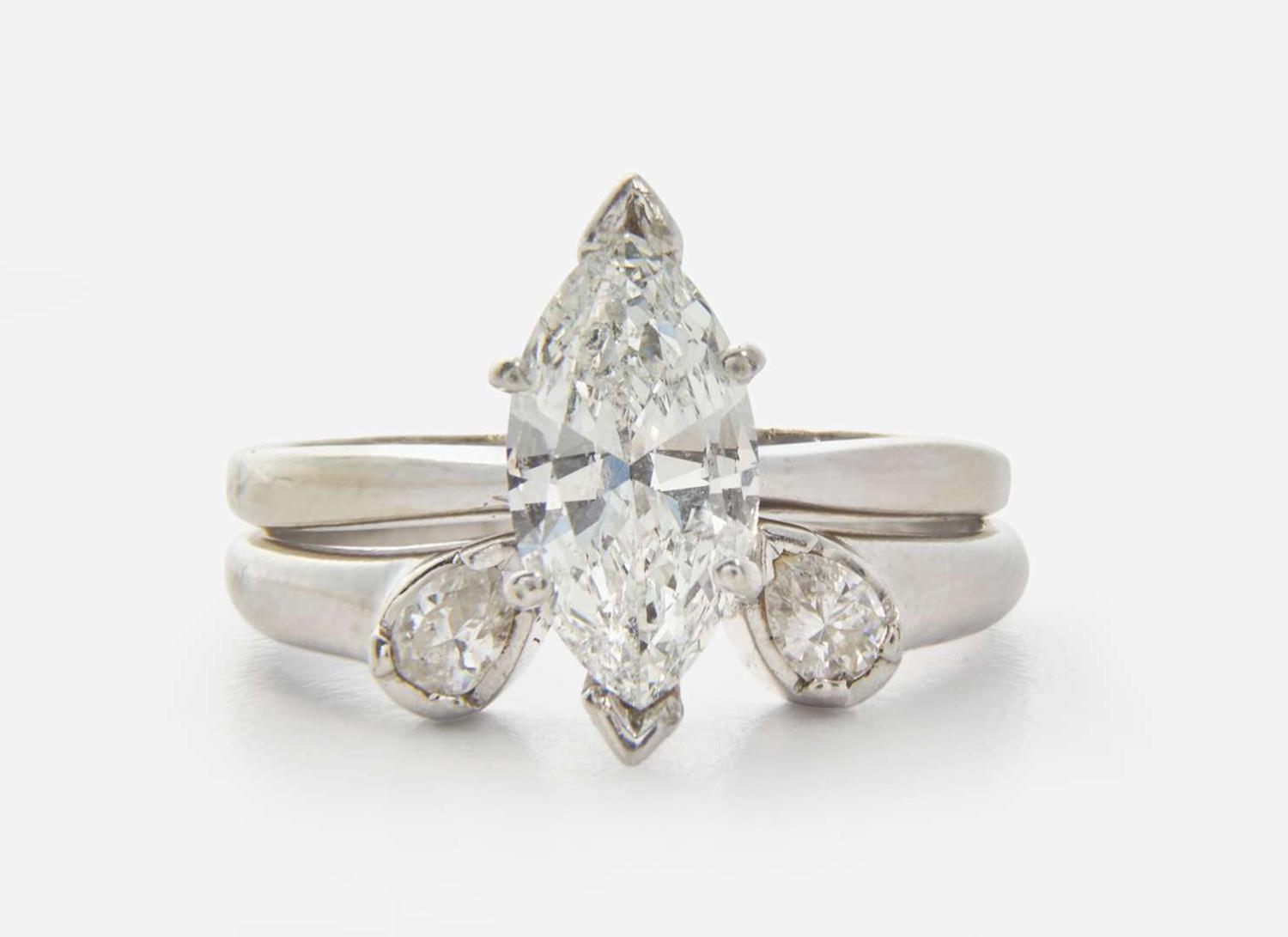 A 14K White Gold and Diamond Ring and Ring Guard, 1.18 Carat Marquise-Cut Diamond, GIA Certified