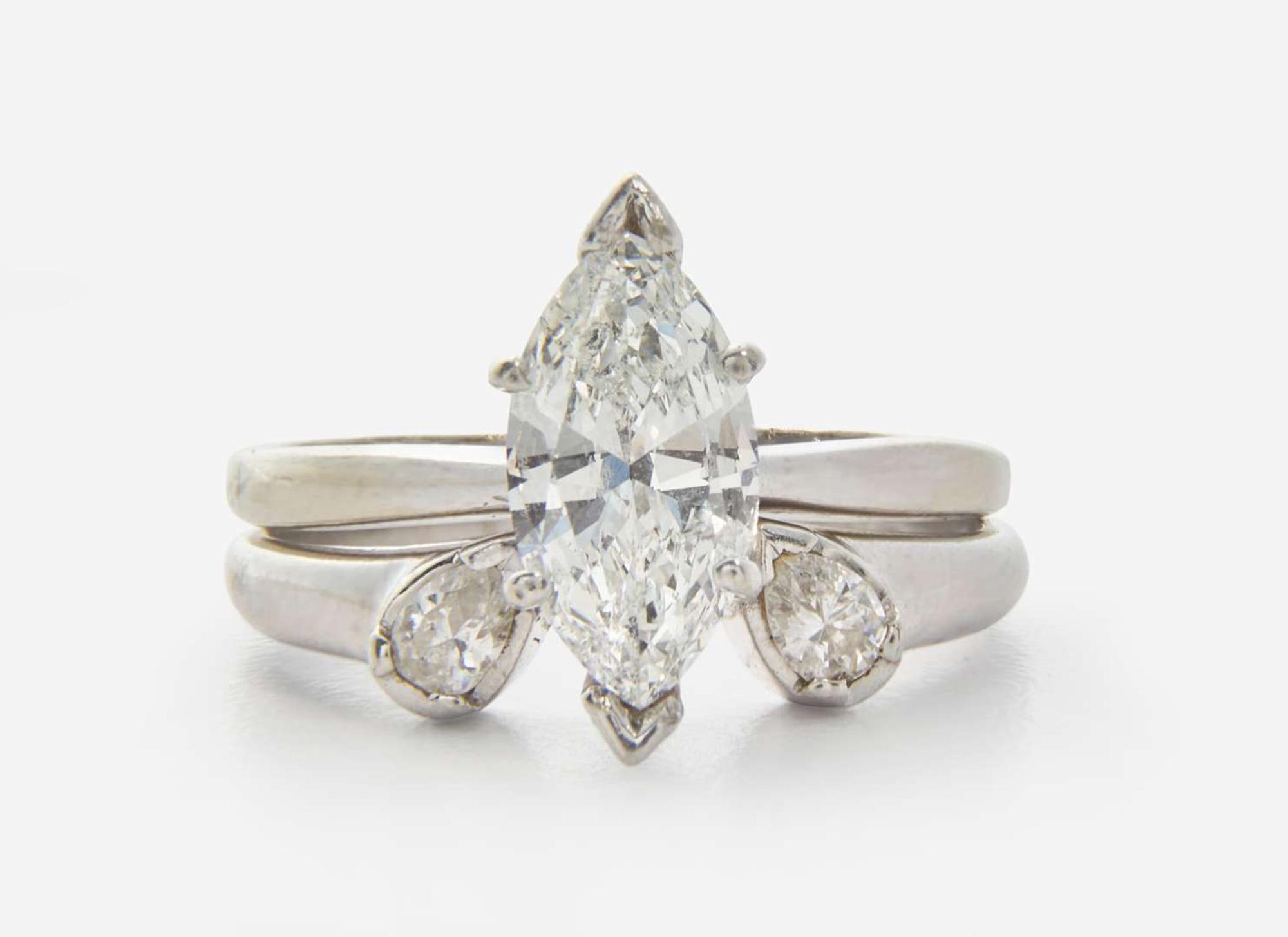 A 14K White Gold and Diamond Ring and Ring Guard, 1.18 Carat Marquise-Cut Diamond, GIA Certified