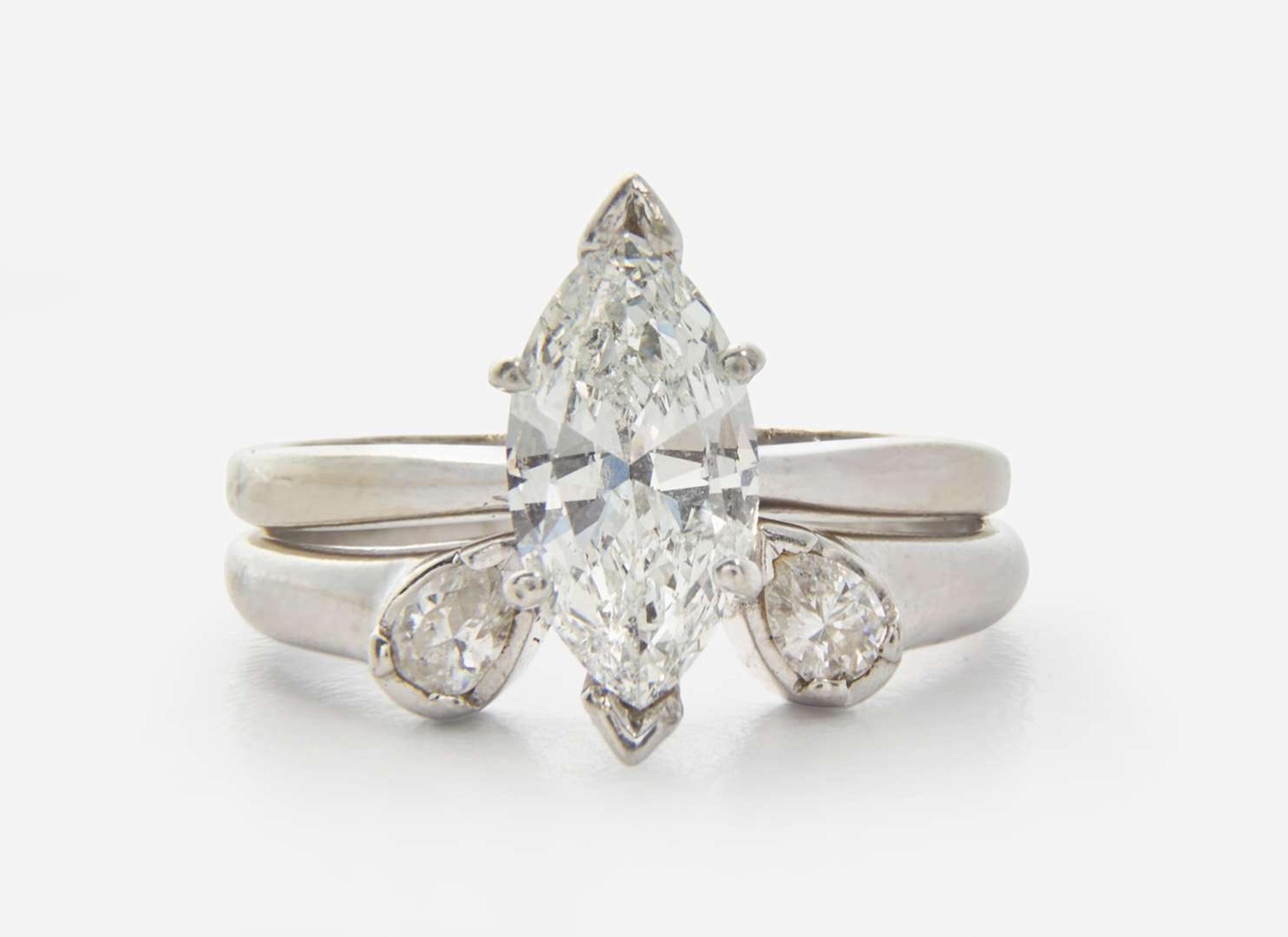 A 14K White Gold and Diamond Ring and Ring Guard, 1.18 Carat Marquise-Cut Diamond, GIA Certified
