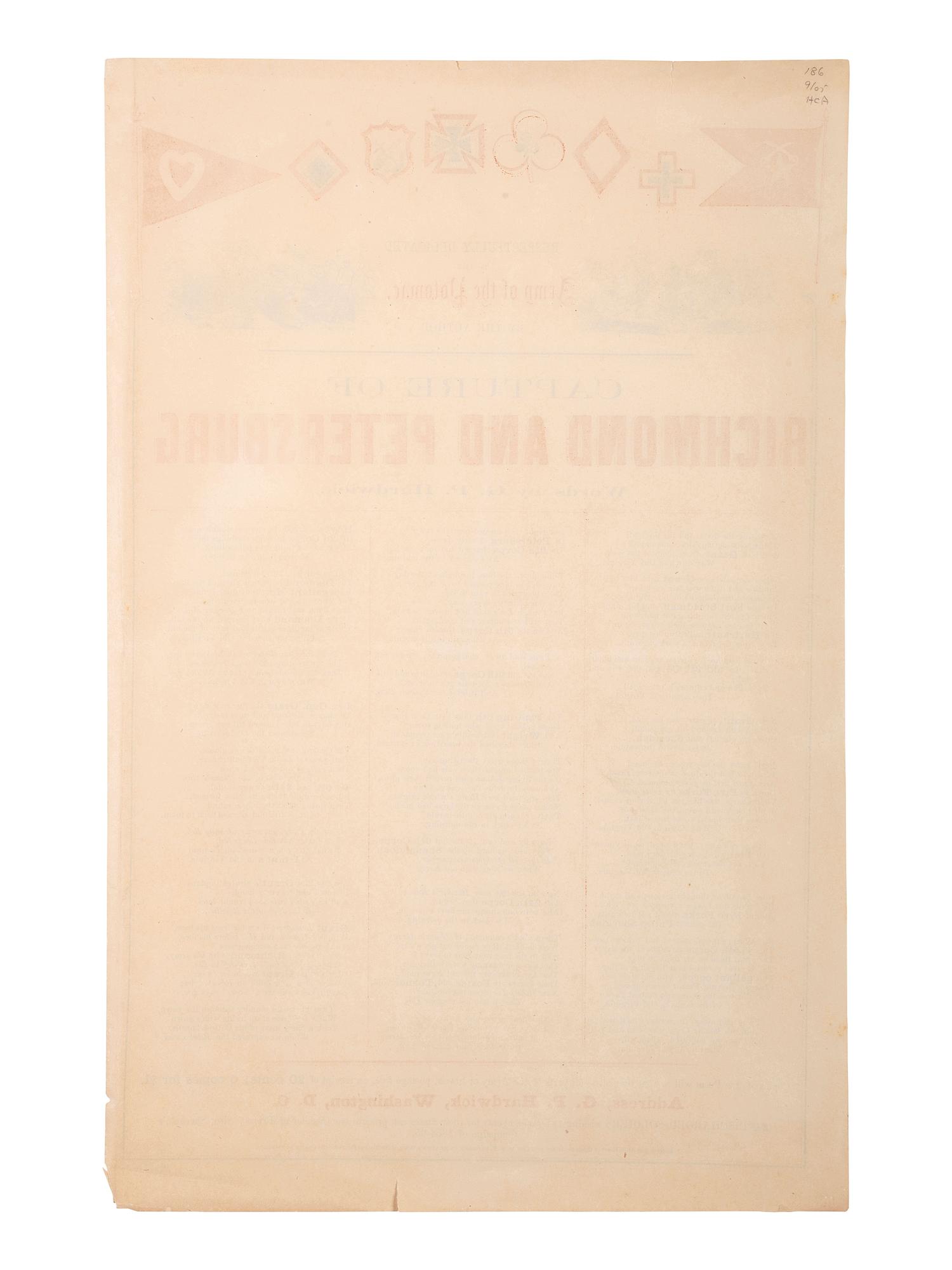 [CIVIL WAR -- LINCOLN, Abraham (1809-1865)]. HARDWICK, George P. Capture of Richmond and Petersburg. Washington, D.C.: G.P. Hardwick, 1865.