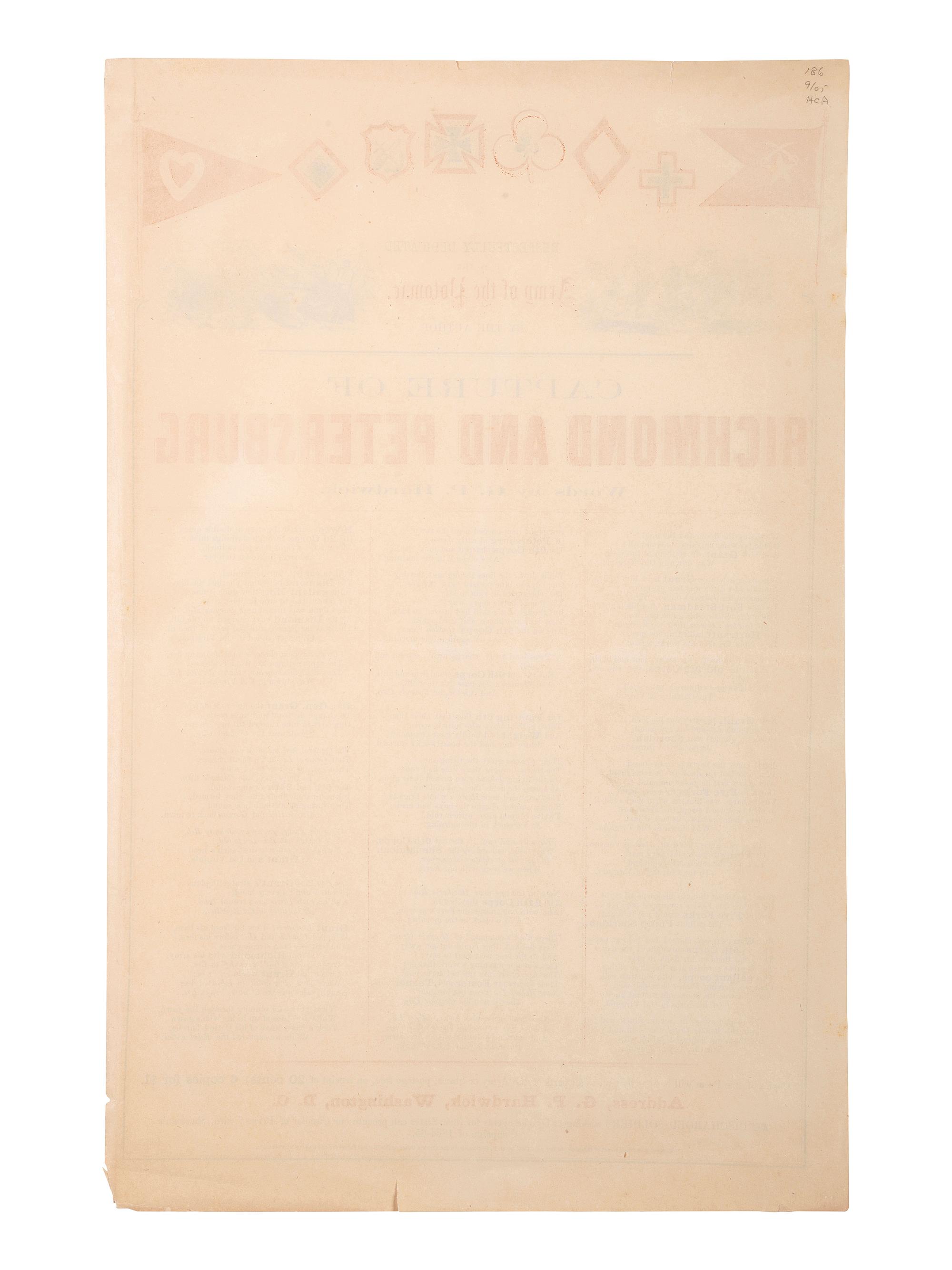 [CIVIL WAR -- LINCOLN, Abraham (1809-1865)]. HARDWICK, George P. Capture of Richmond and Petersburg. Washington, D.C.: G.P. Hardwick, 1865.