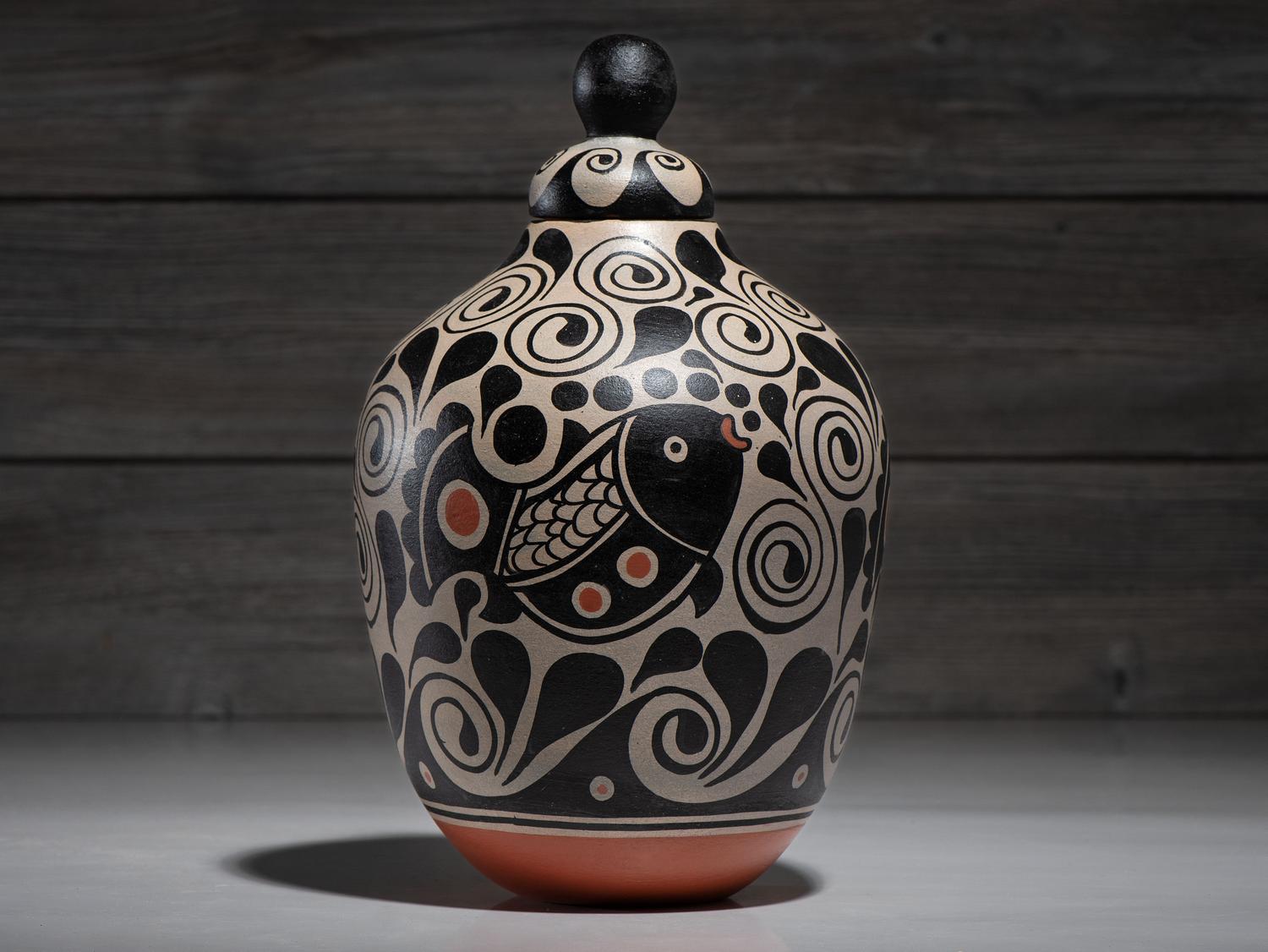 Lidded Pottery Jar, with Fish
