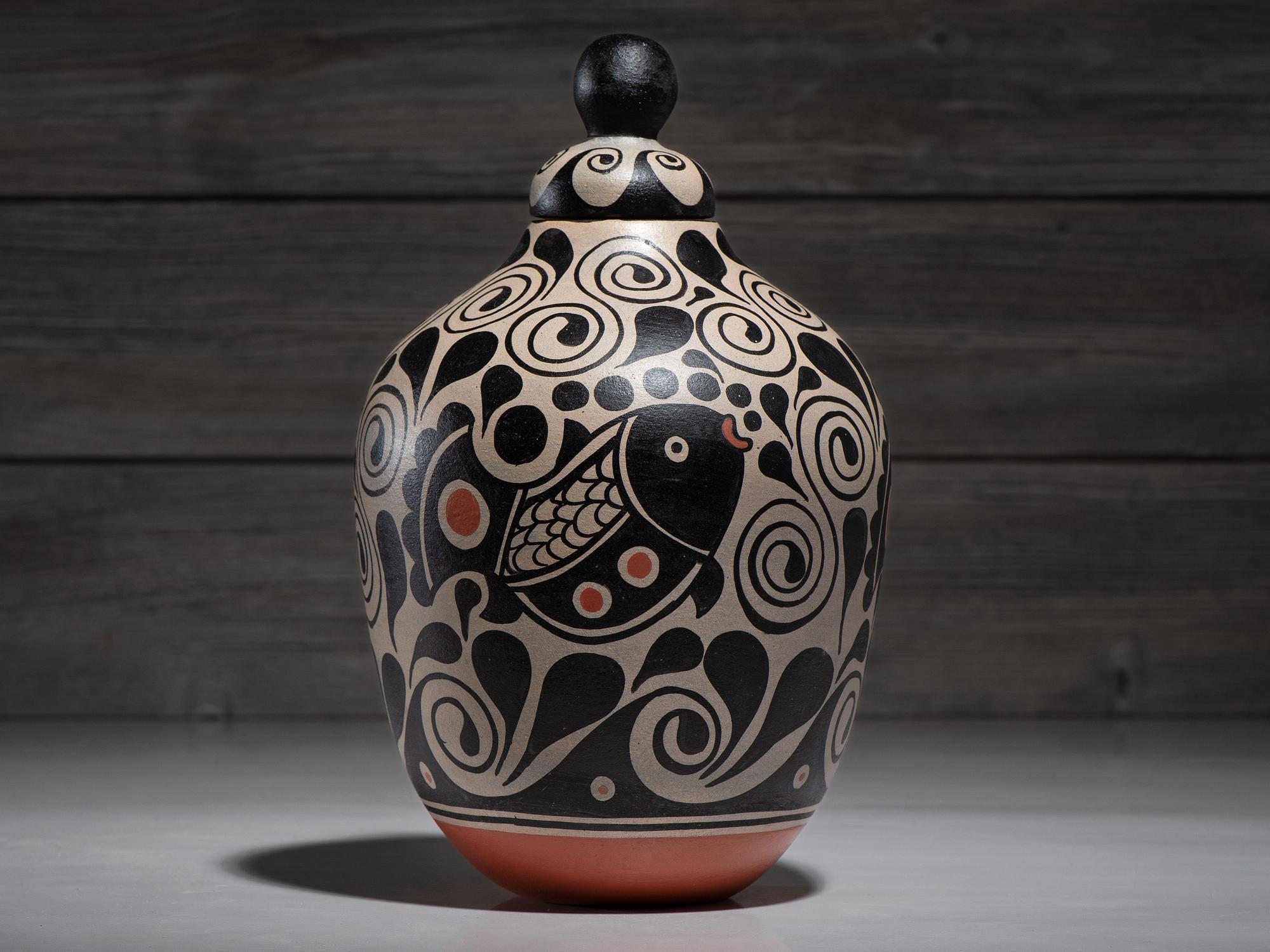 Lidded Pottery Jar, with Fish