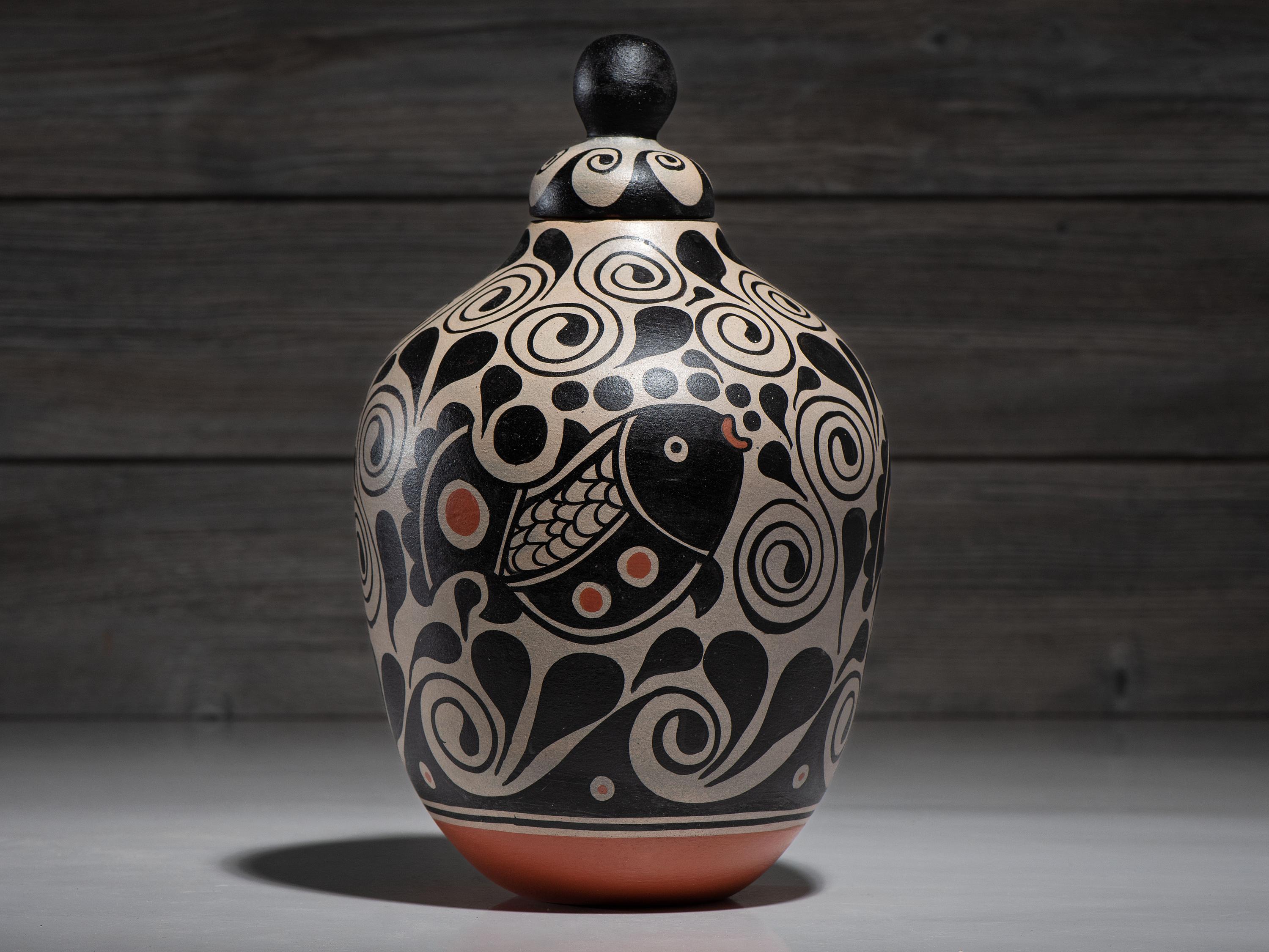 Lidded Pottery Jar, with Fish