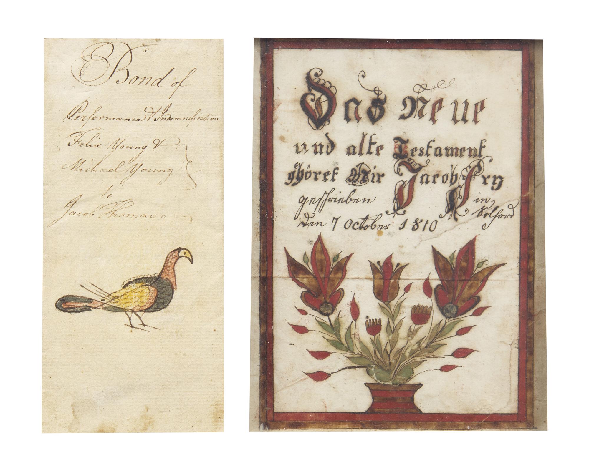 A Fraktur Bookplate and an Illuminated Indenture, Pennsylvania, Dated "1810" and "1801"