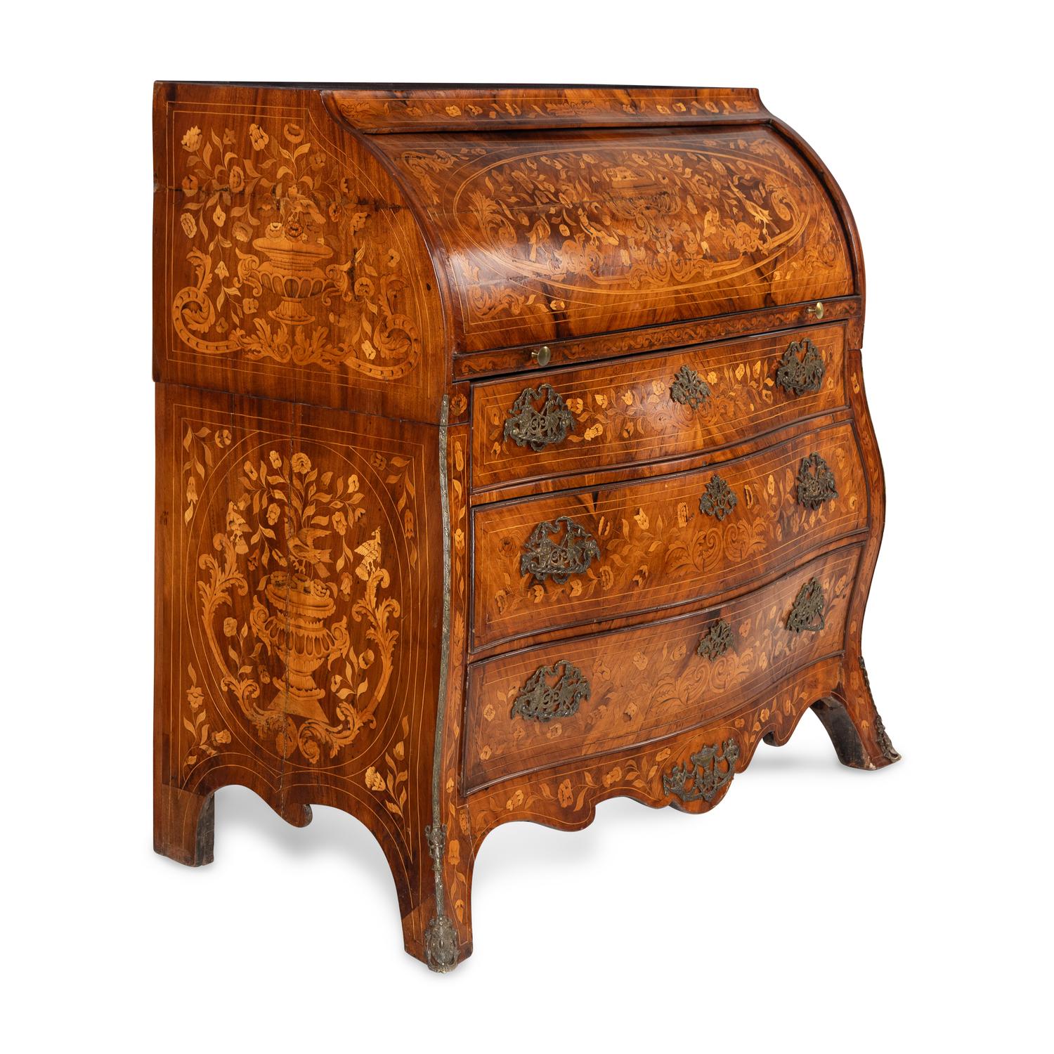 A Dutch Walnut and Marquetry Cylinder Bureau