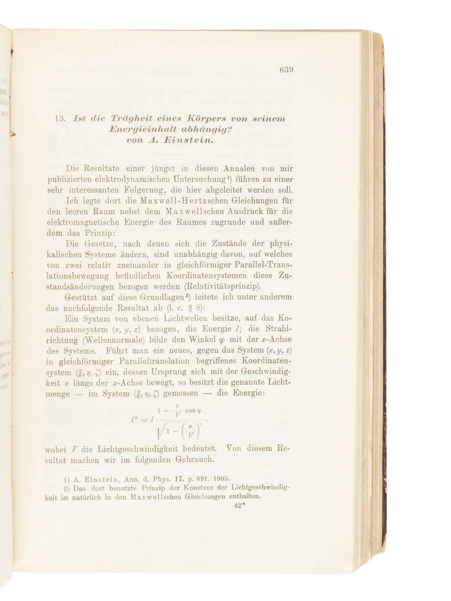 [SCIENCE & TECHNOLOGY] EINSTEIN, Albert (1879-1955). “Ist die Trägheit eines Körpers von seinem Energieinhalt abhängig?" In: Annalen der Physik, 4. Folge, Bd. 18, 1905 . Leipzig: Johann Ambrosius Barth, 1905.