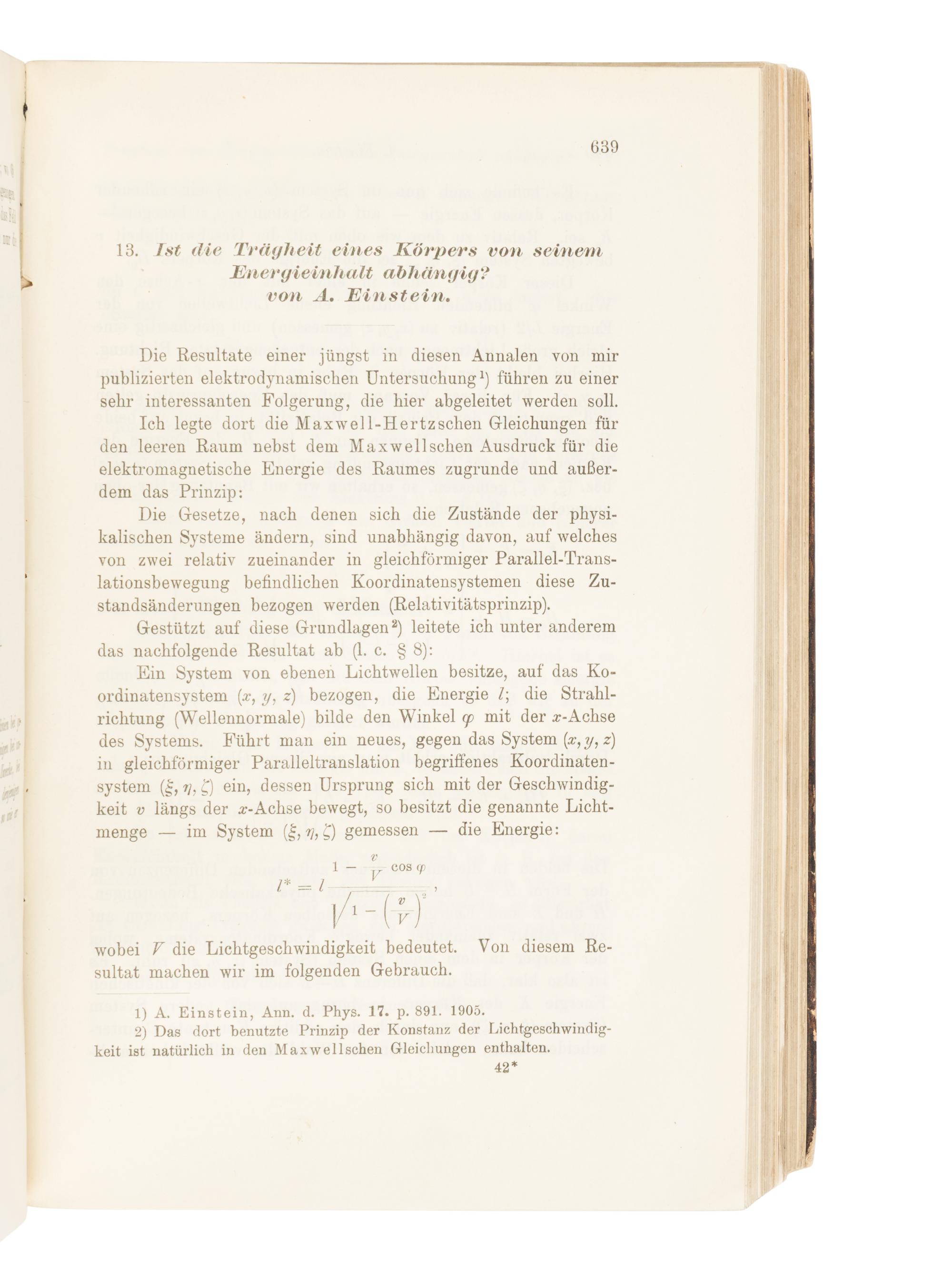 [SCIENCE & TECHNOLOGY] EINSTEIN, Albert (1879-1955). “Ist die Trägheit eines Körpers von seinem Energieinhalt abhängig?" In: Annalen der Physik, 4. Folge, Bd. 18, 1905 . Leipzig: Johann Ambrosius Barth, 1905.