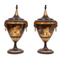 A Pair of Regency Parcel-Gilt Tôle Peinte Urns