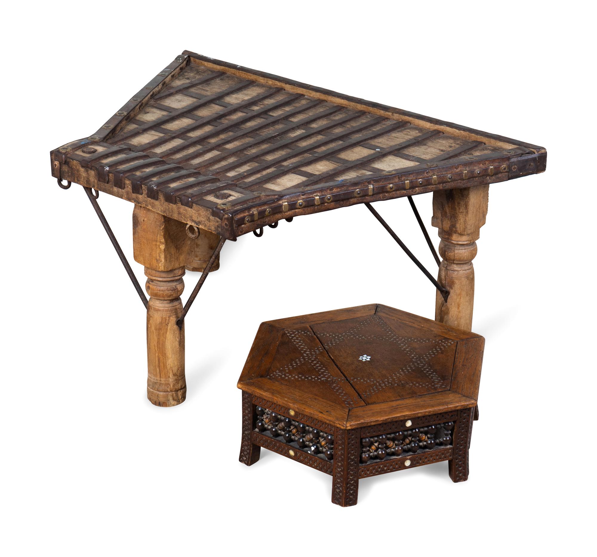 An Indian Metal Bound Tripod Table and a Carved and Inlaid Hexagonal Stand — 20TH CENTURY