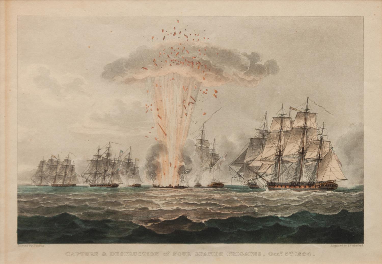 Three Nautical Color Engravings: Lord Howe in the Queen Charlotte, Bombardment of Algiers and Capture & Destruction of Four Spanish Frigates