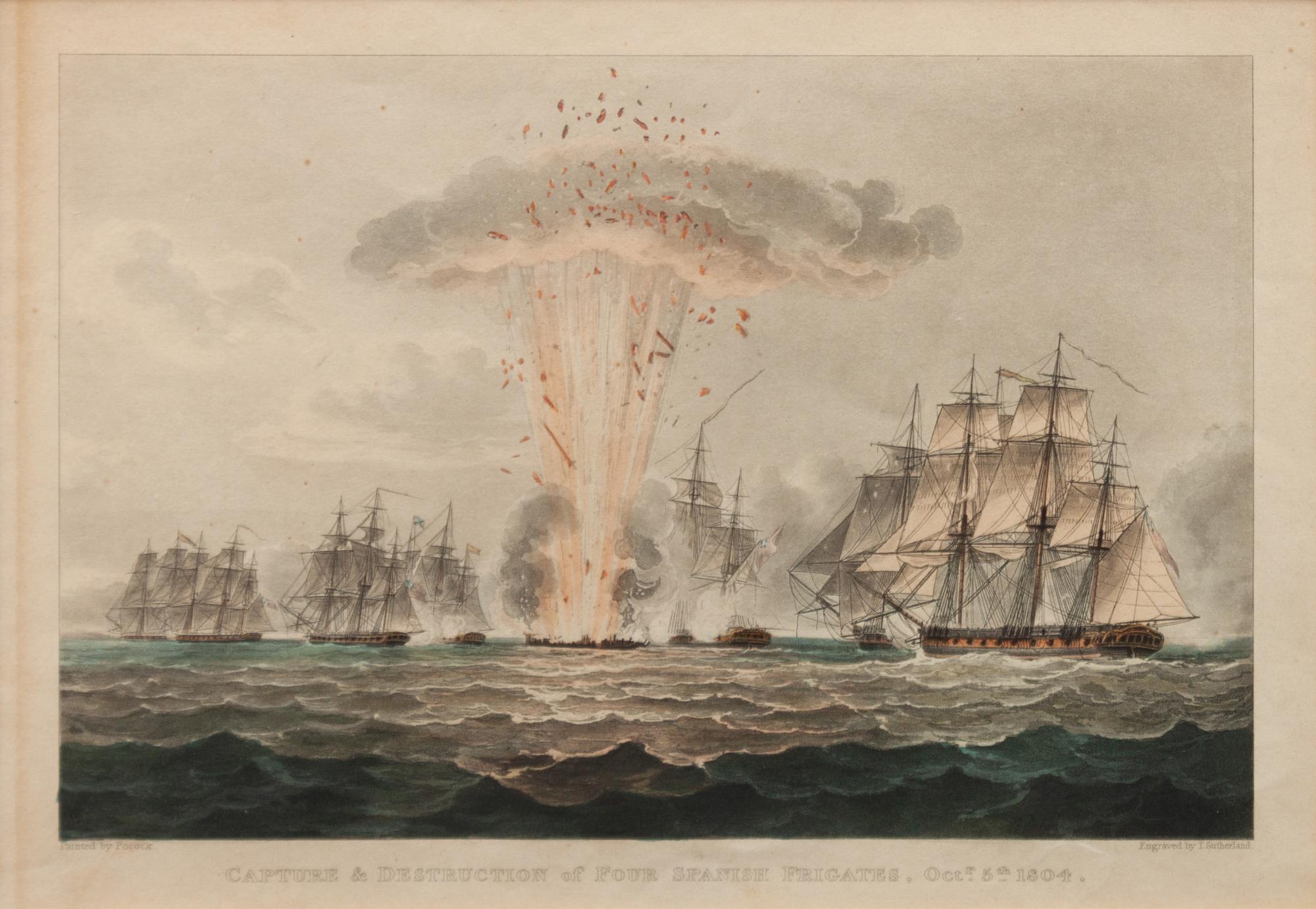 Three Nautical Color Engravings: Lord Howe in the Queen Charlotte, Bombardment of Algiers and Capture & Destruction of Four Spanish Frigates